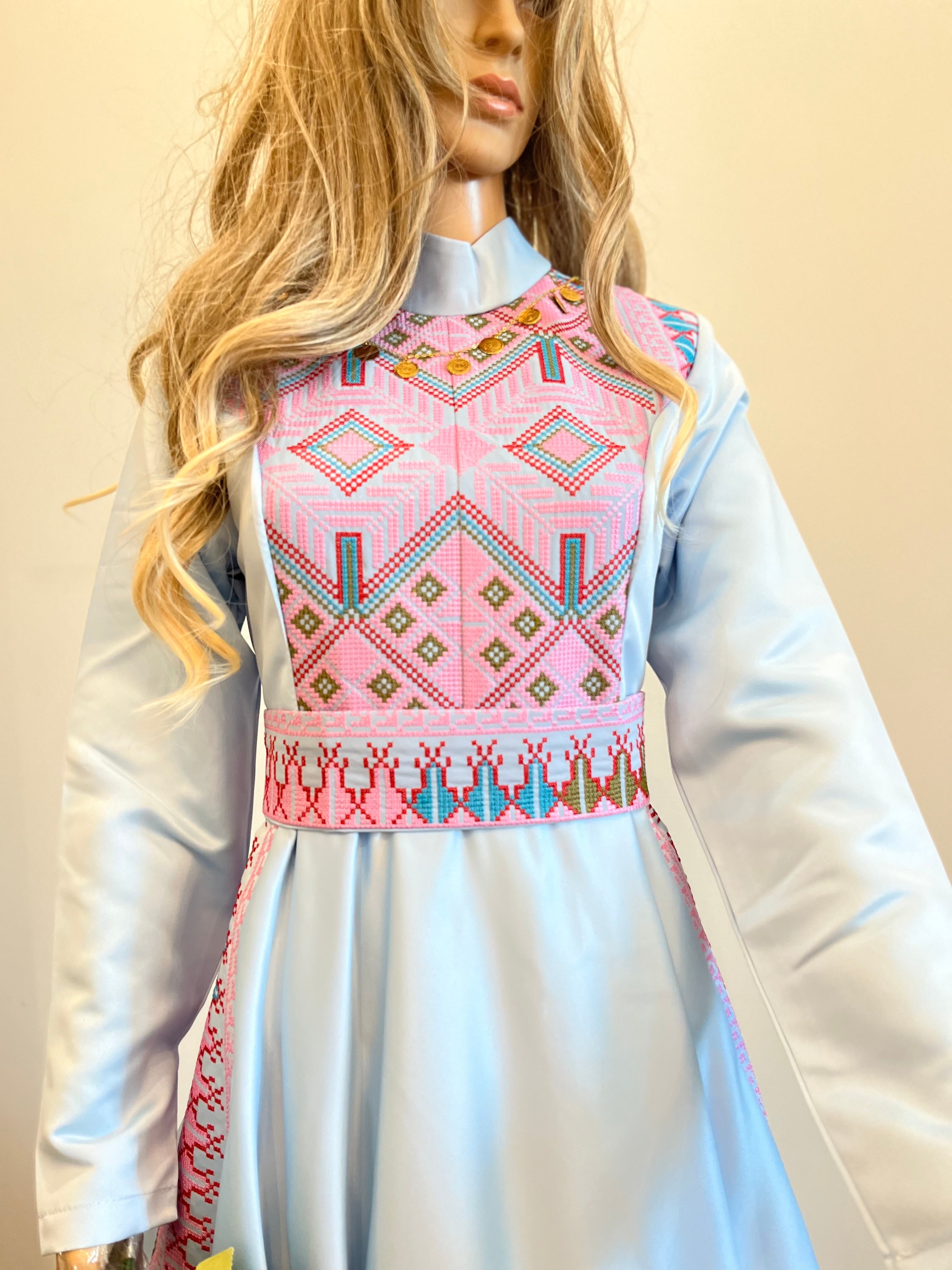 The Rola Thobe - Blue Satin with Pink Tatreez Modern Dress Thobe - High Neck