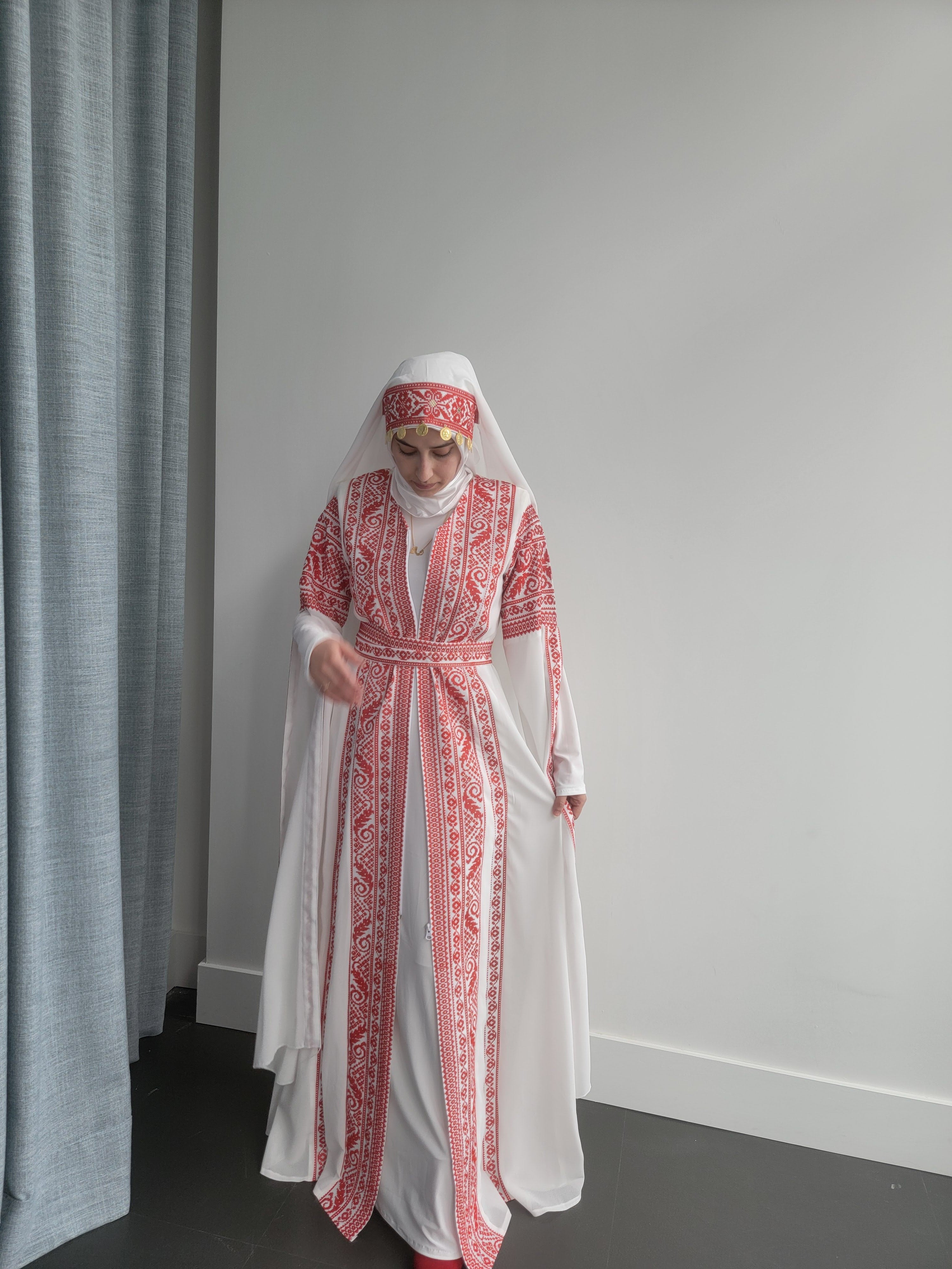 Bridal White & Red Extra Long Sleeve Full Embroidered Palestinian Thobe (3 pieces) - Al Tulkarem Thobe