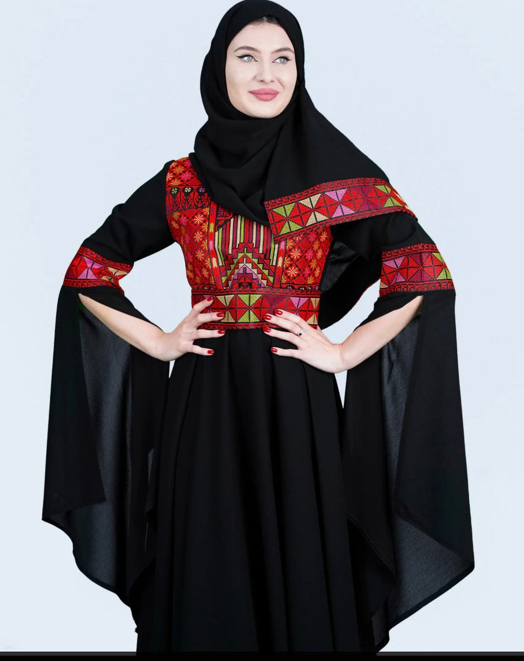 Sara - Black with Red Tatreez With Extra Long Sleeve Modern Dress Thobe