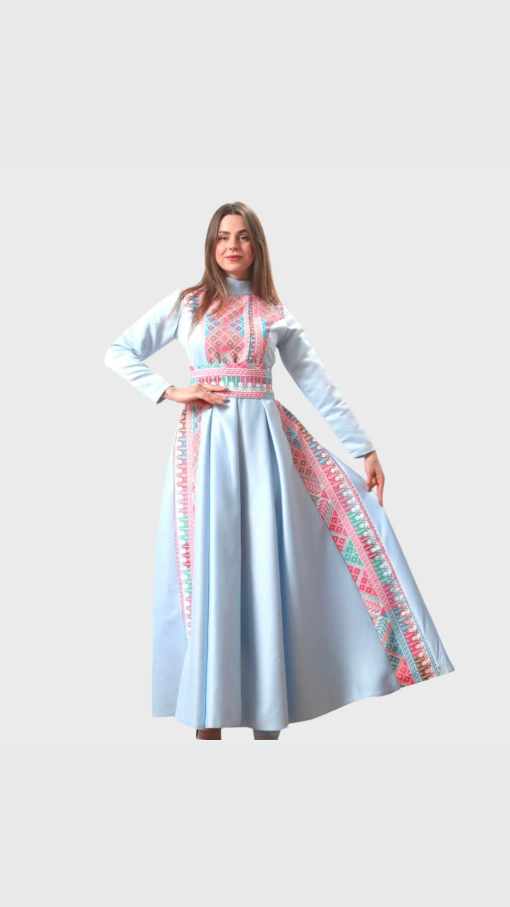 The Rola Thobe - Blue Satin with Pink Tatreez Modern Dress Thobe - High Neck