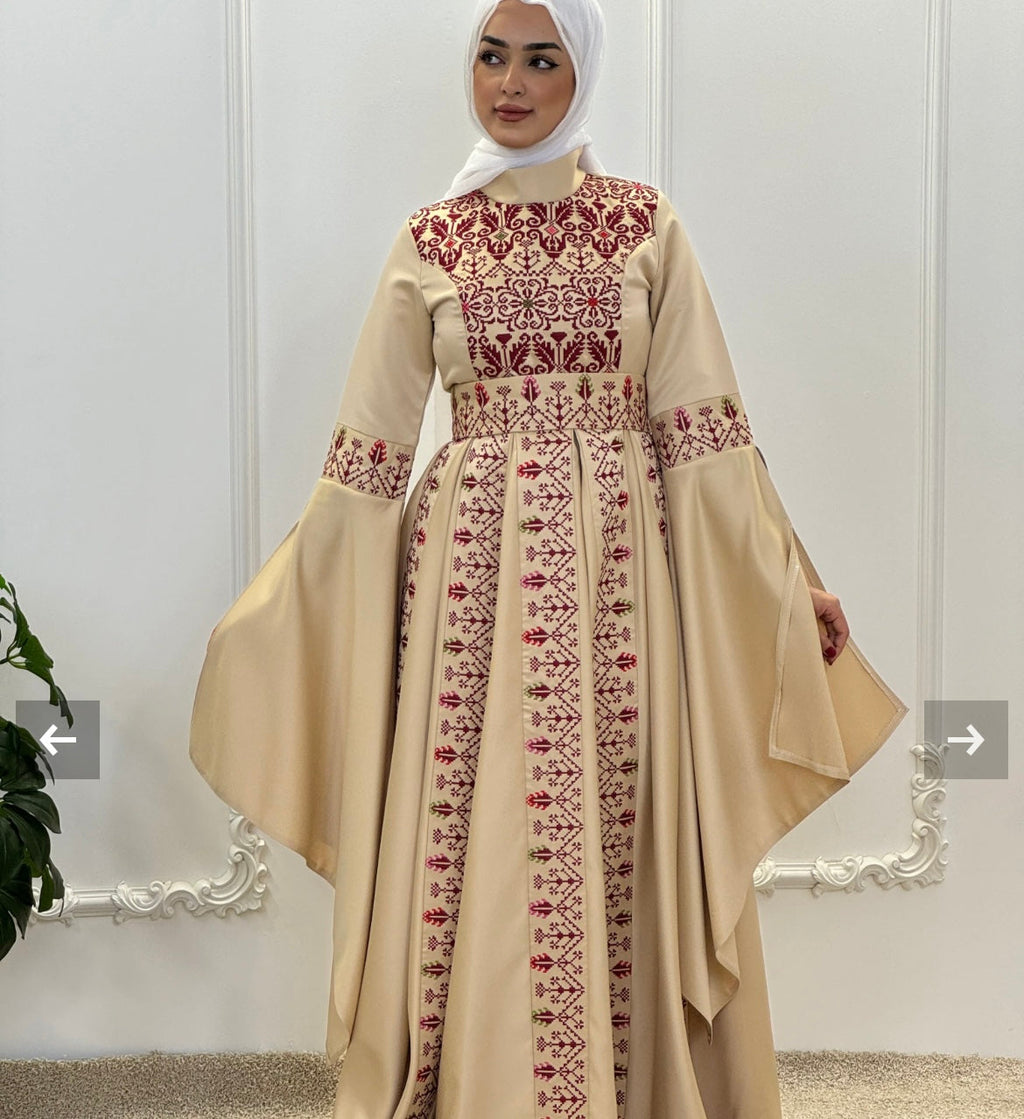 Raeda - Beige & Burgundy With Extra Long Sleeve Modern Dress Thobe