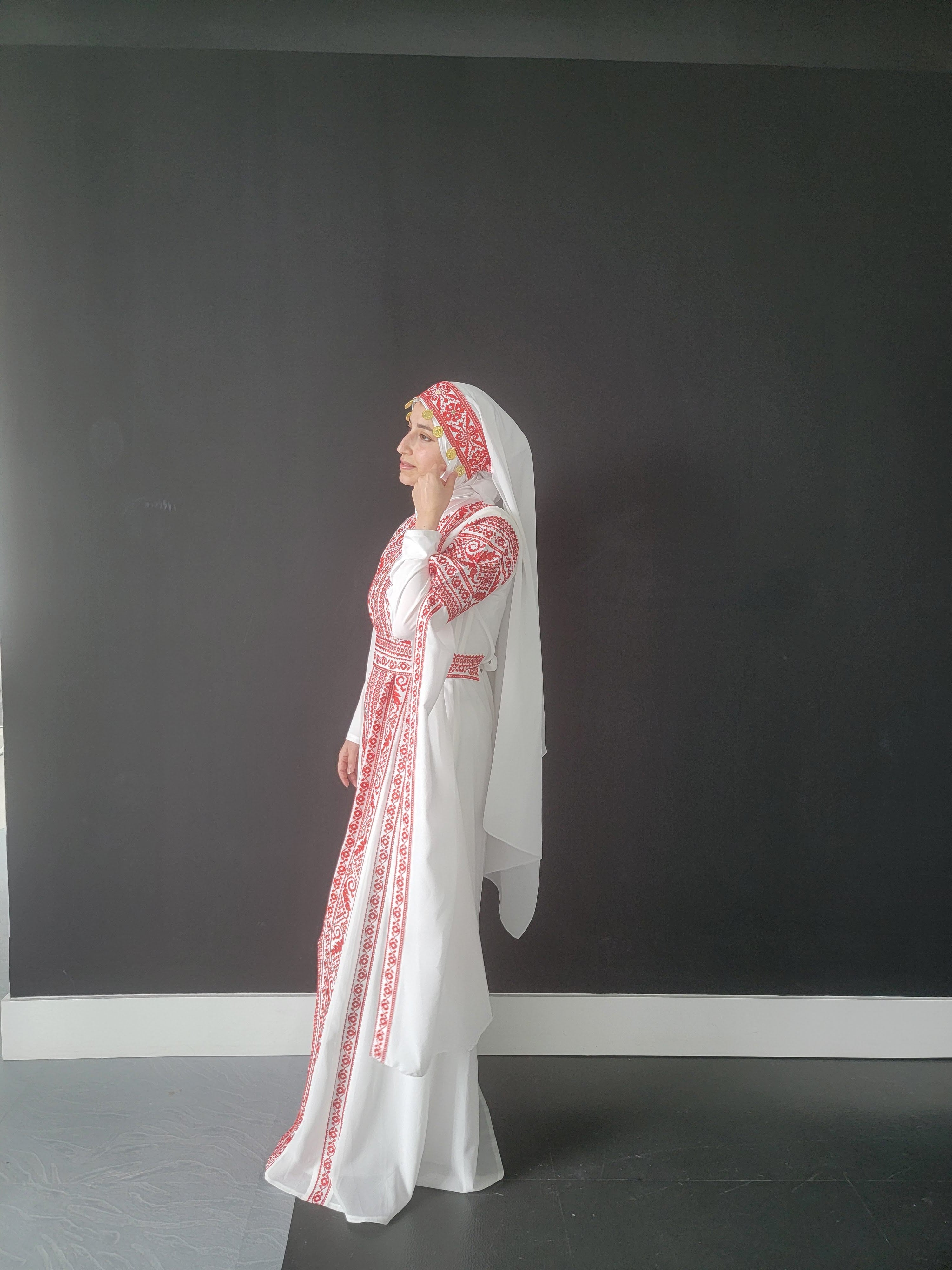 Bridal White & Red Extra Long Sleeve Full Embroidered Palestinian Thobe (3 pieces) - Al Tulkarem Thobe
