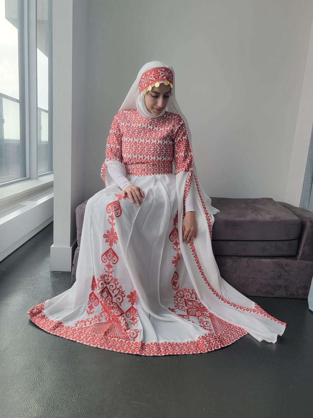 Bridal White & Red Full Top Embroidery With Extra long Sleeves (Zipper Back)