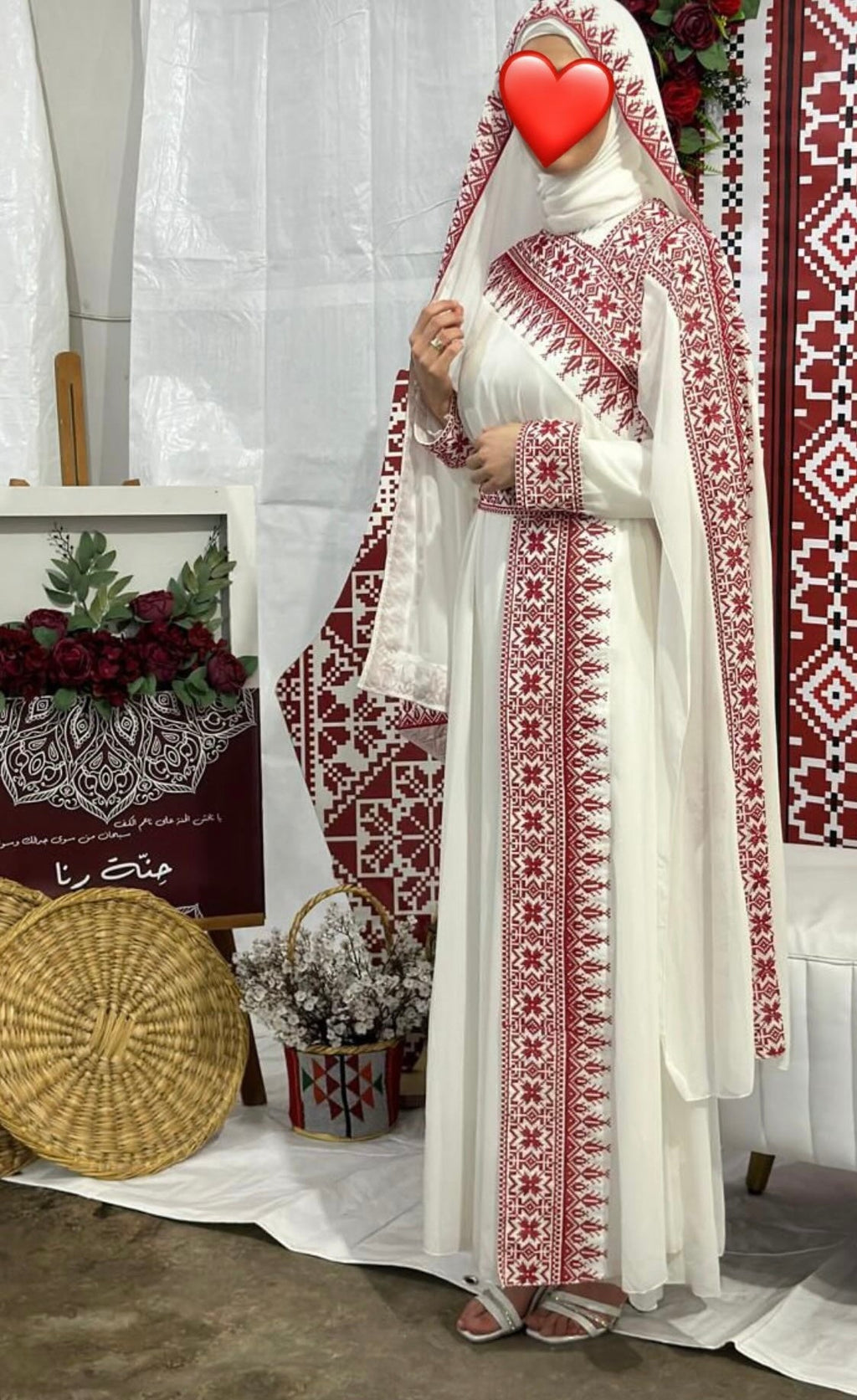 Al Jerusalem Thobe - White & Red Tatreez One Shoulder Embroidery Palestinian Thobe - ( No Veil )
