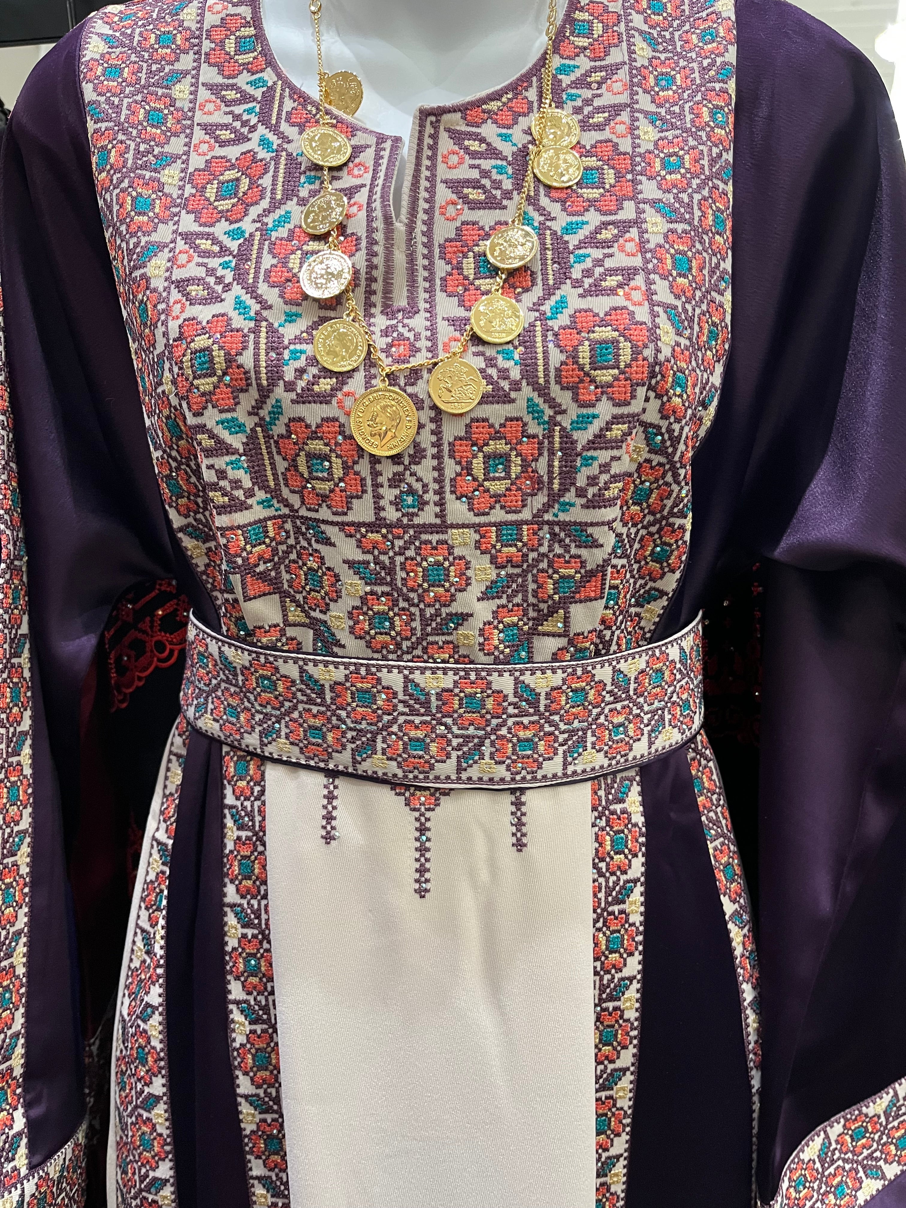 The Poppy Flower Thobe - Purple With Flowers & Sparkle Traditional Long Sleeve Full Embroidered Palestinian Thobe/Dress