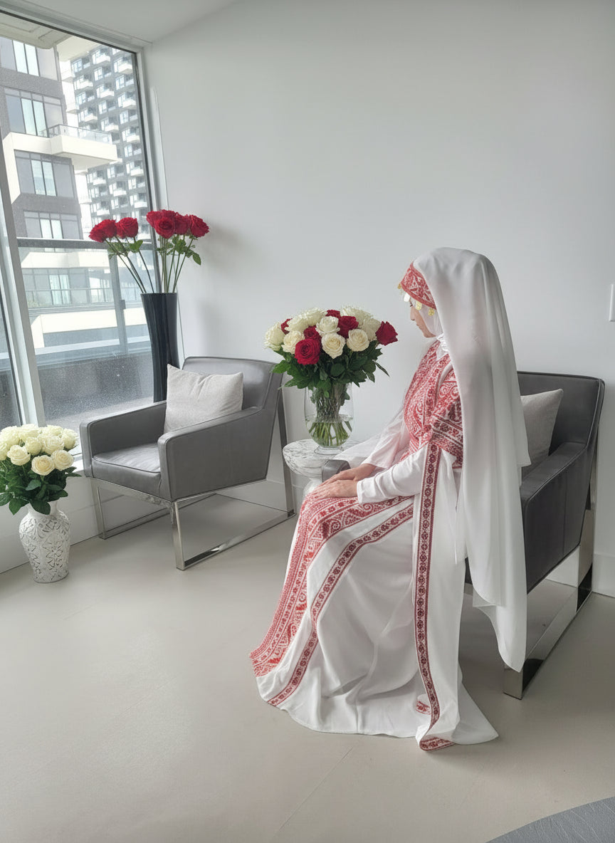 Bridal White & Red Extra Long Sleeve Full Embroidered Palestinian Thobe (3 pieces) - Al Tulkarem Thobe
