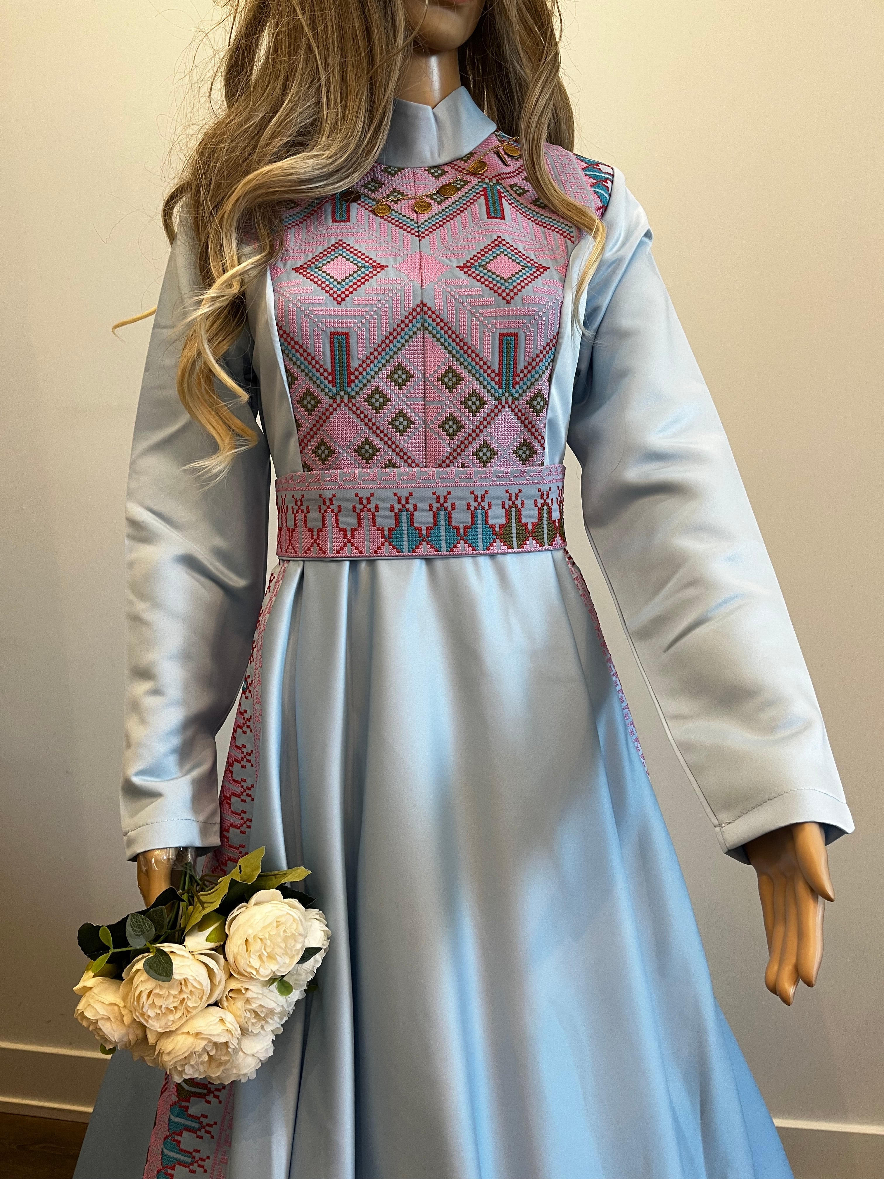 The Rola Thobe - Blue Satin with Pink Tatreez Modern Dress Thobe - High Neck