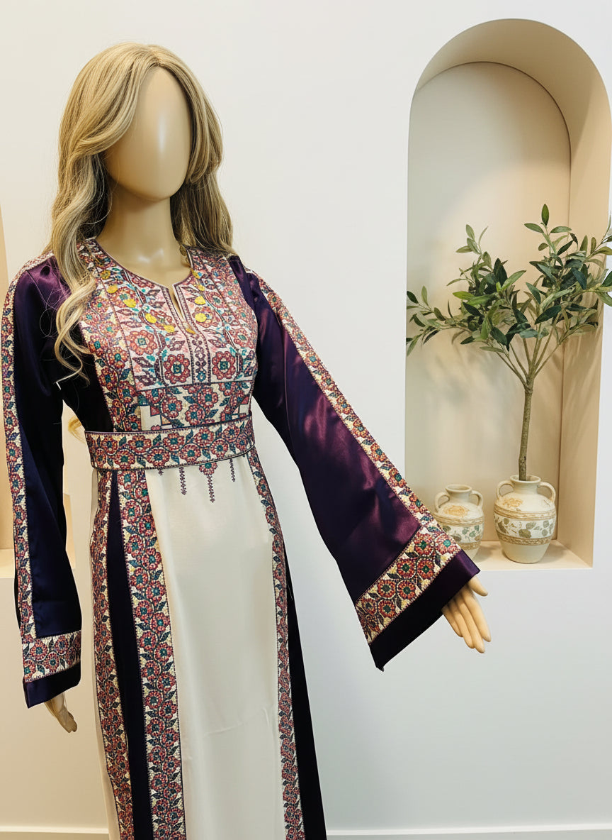 The Poppy Flower Thobe - Purple With Flowers & Sparkle Traditional Long Sleeve Full Embroidered Palestinian Thobe/Dress