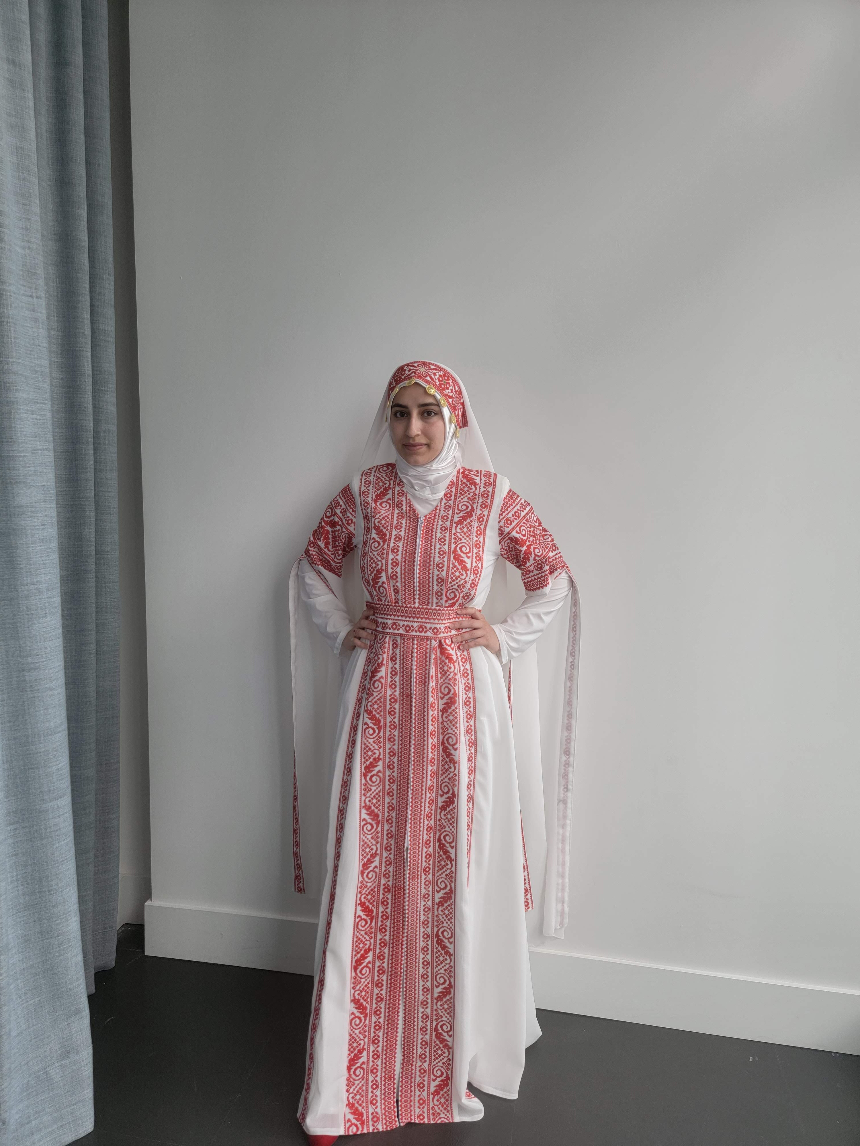 Bridal White & Red Extra Long Sleeve Full Embroidered Palestinian Thobe (3 pieces) - Al Tulkarem Thobe