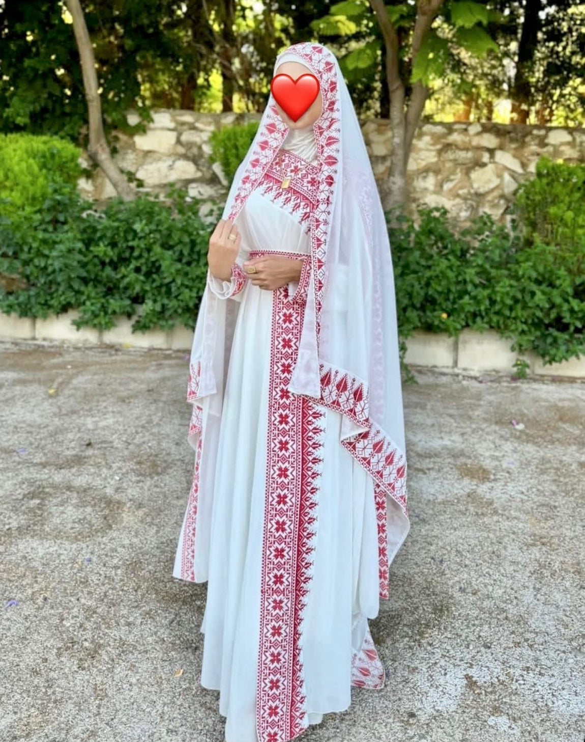 Al Jerusalem Thobe - White & Red Tatreez One Shoulder Embroidery Palestinian Thobe - ( No Veil )