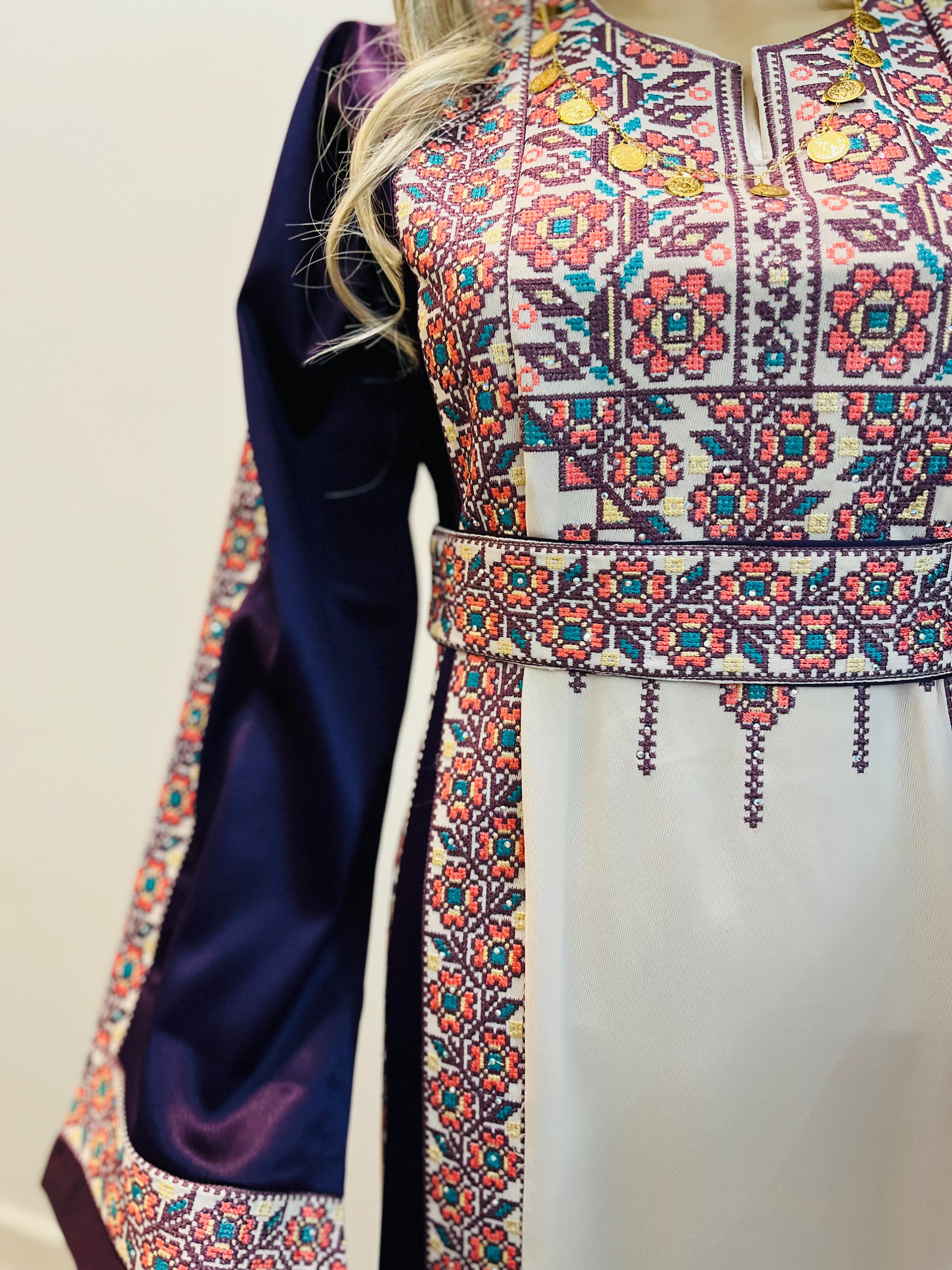 The Poppy Flower Thobe - Purple With Flowers & Sparkle Traditional Long Sleeve Full Embroidered Palestinian Thobe/Dress