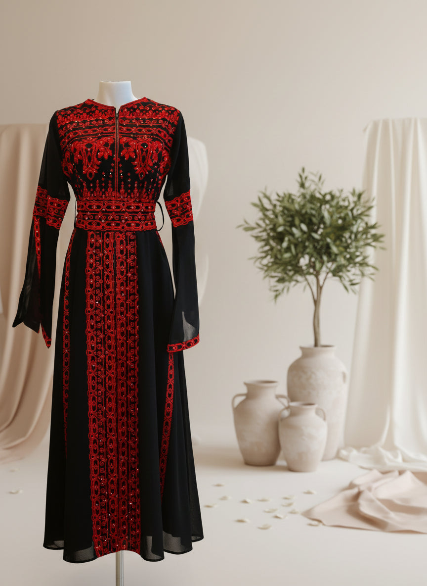 Black & Red Long Sleeve Full Embroidered Palestinian Thobe/Dress (3 pieces) - Al Khalili Thobe