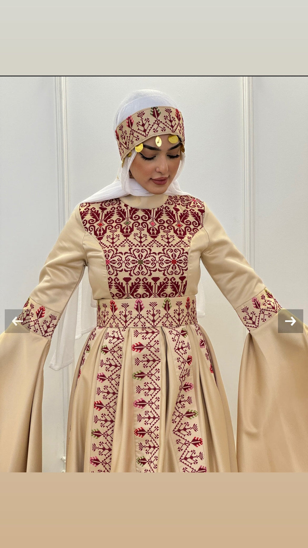 Raeda - Beige & Burgundy With Extra Long Sleeve Modern Dress Thobe
