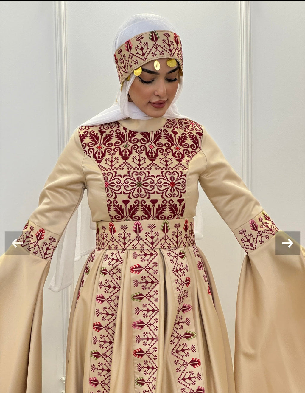 Raeda - Beige & Burgundy With Extra Long Sleeve Modern Dress Thobe