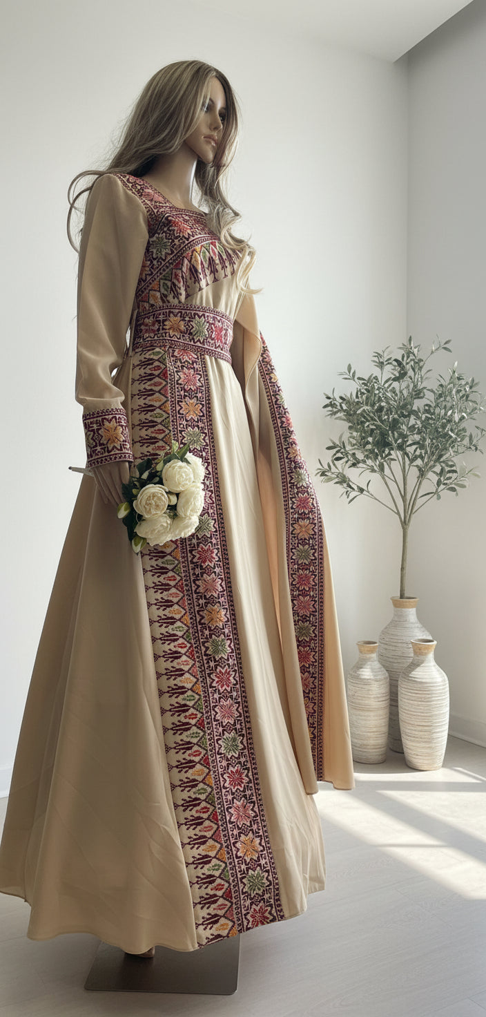 The Jerusalem Thobe - Beige Tatreez One Shoulder Embroidery Palestinian Thobe