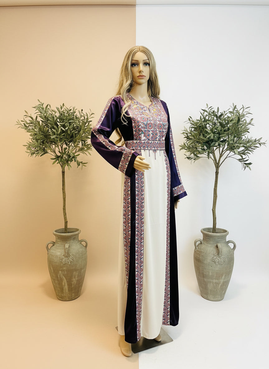 The Poppy Flower Thobe - Purple With Flowers & Sparkle Traditional Long Sleeve Full Embroidered Palestinian Thobe/Dress