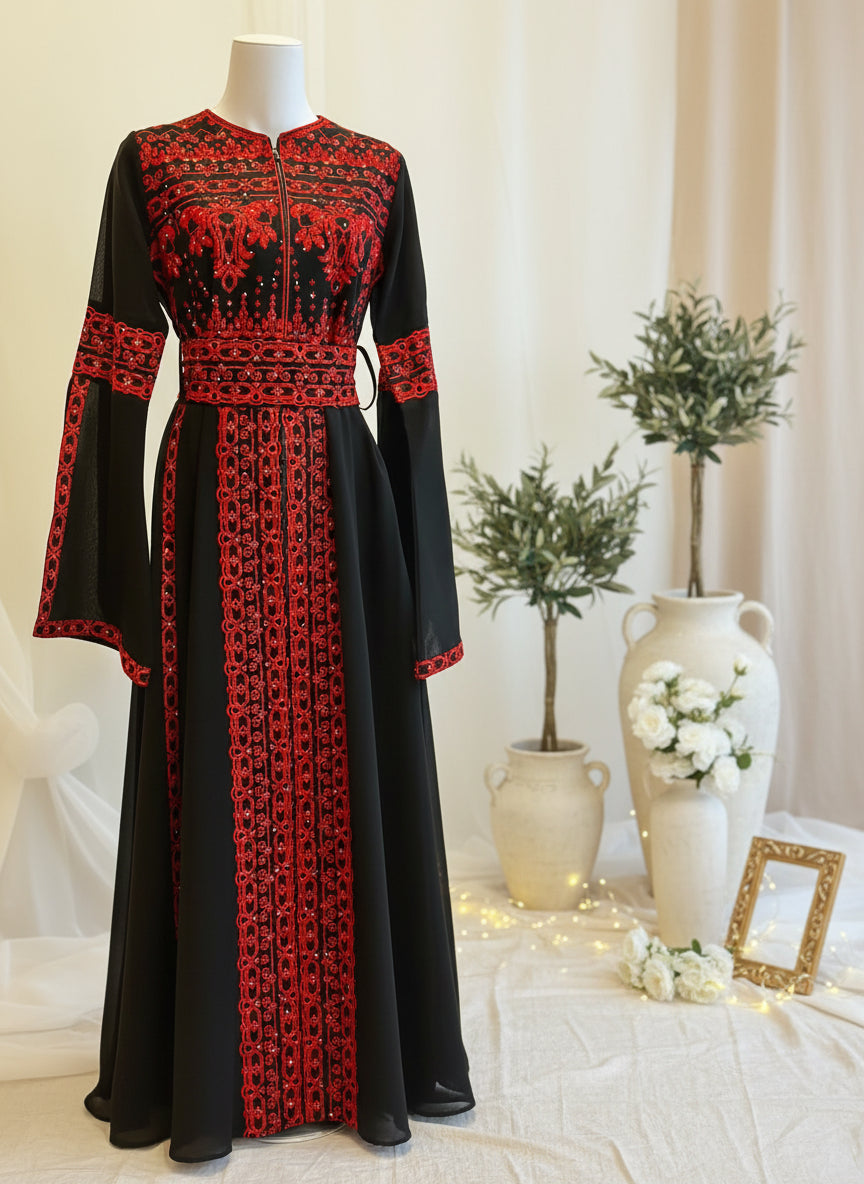 Black & Red Long Sleeve Full Embroidered Palestinian Thobe/Dress (3 pieces) - Al Khalili Thobe