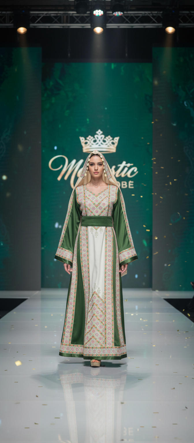 Nabuls Thobe - Green and Beige Traditional Full tatreez back and front Thobe ( No veil)