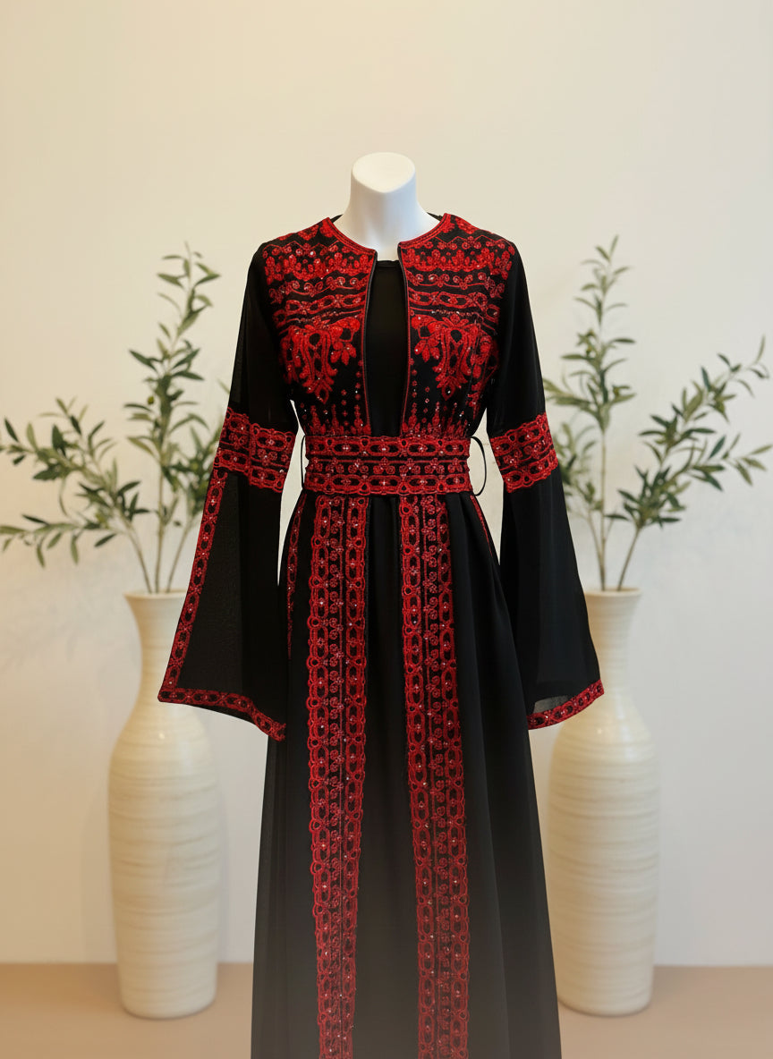 Black & Red Long Sleeve Full Embroidered Palestinian Thobe/Dress (3 pieces) - Al Khalili Thobe