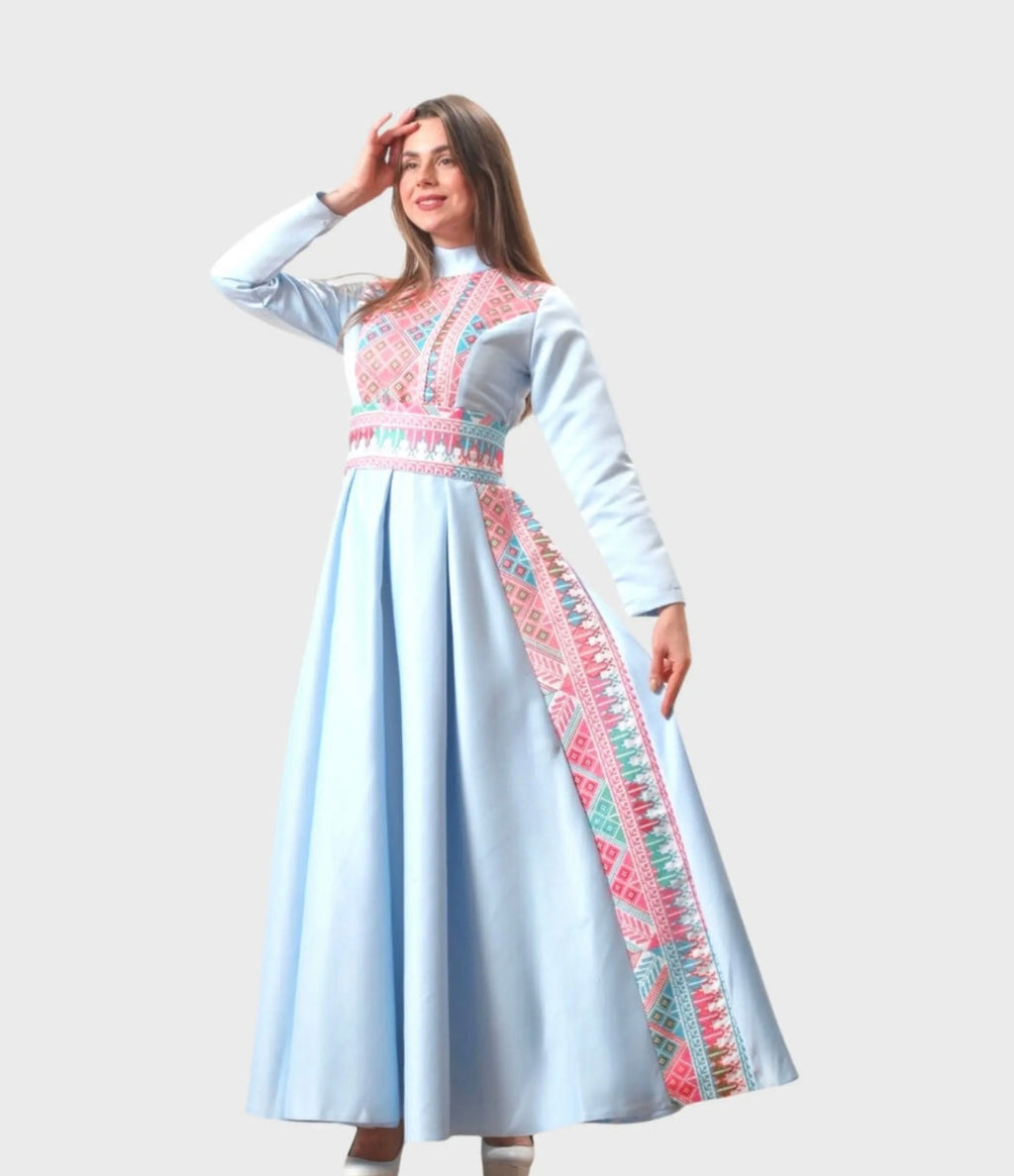 The Rola Thobe - Blue Satin with Pink Tatreez Modern Dress Thobe - High Neck
