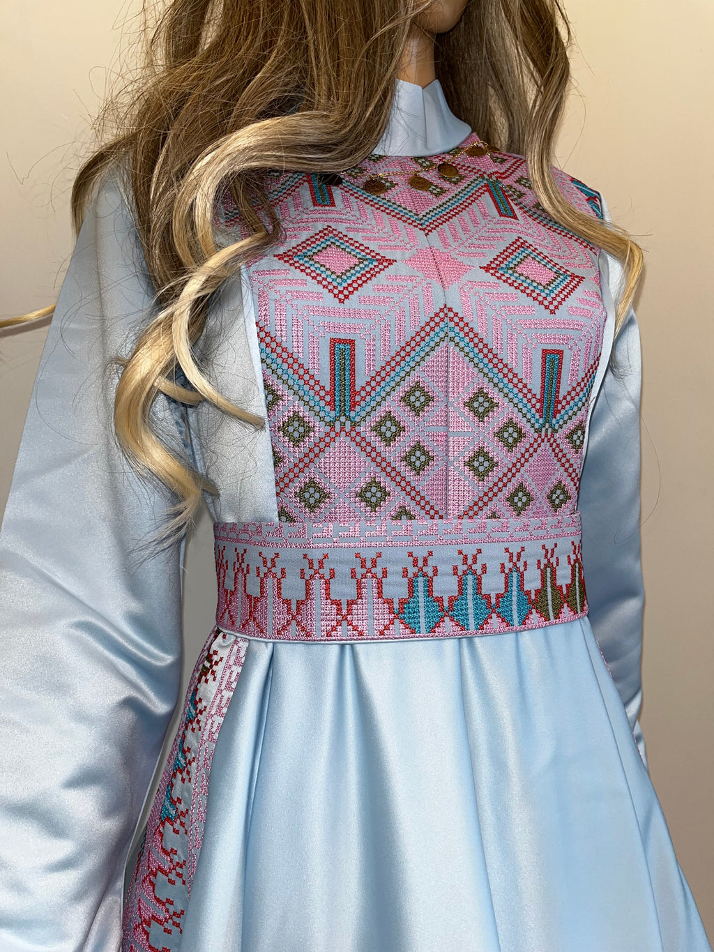 The Rola Thobe - Blue Satin with Pink Tatreez Modern Dress Thobe - High Neck