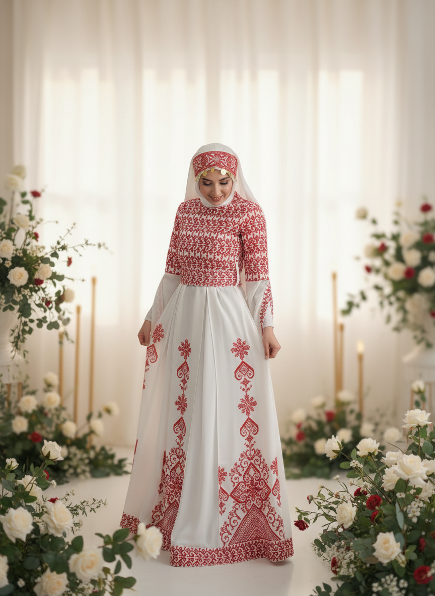 Bridal White & Red Full Top Embroidery With Extra long Sleeves (Zipper Back)