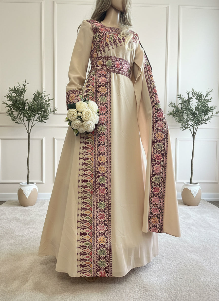 The Jerusalem Thobe - Beige Tatreez One Shoulder Embroidery Palestinian Thobe