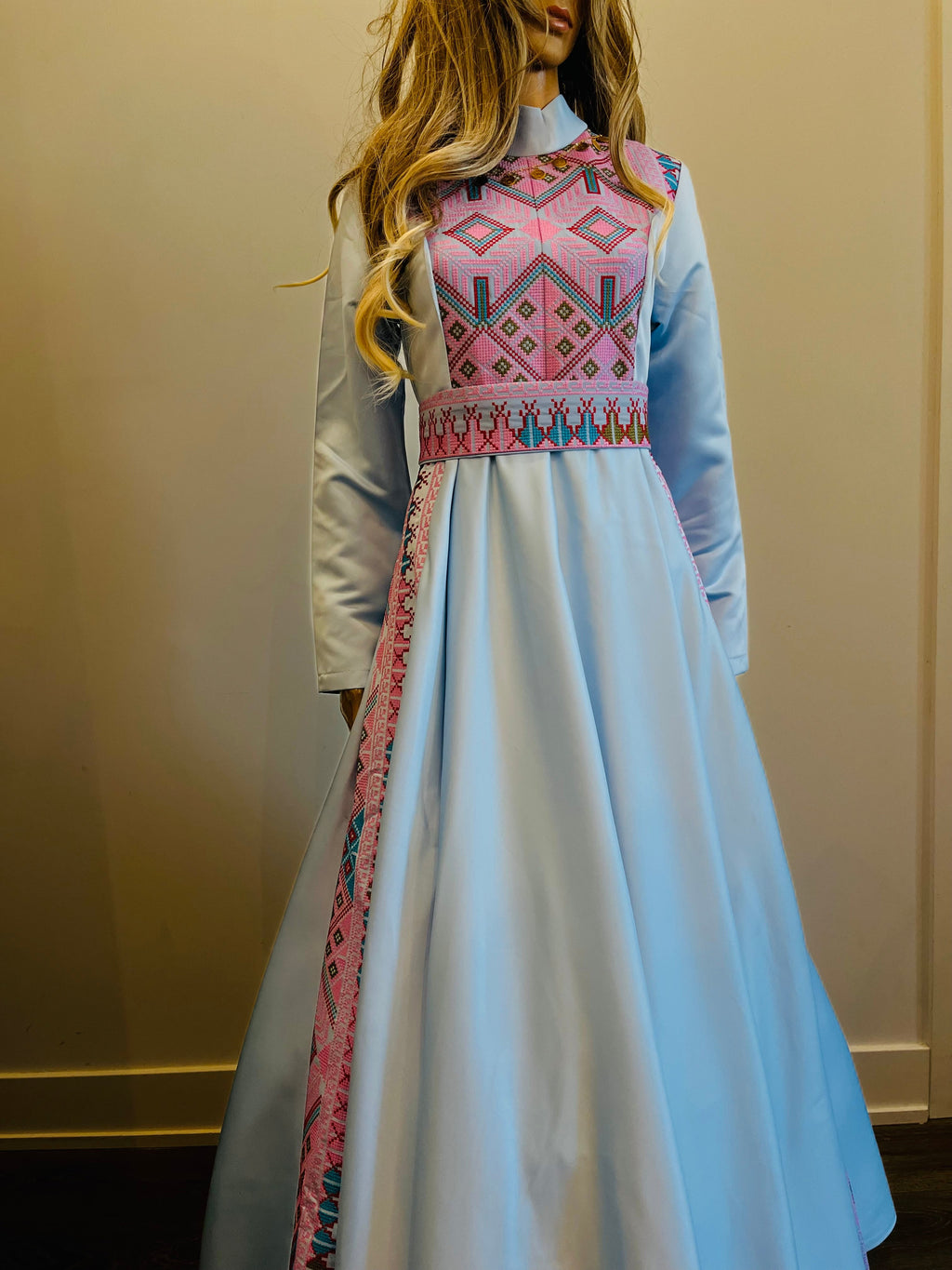 The Rola Thobe - Blue Satin with Pink Tatreez Modern Dress Thobe - High Neck
