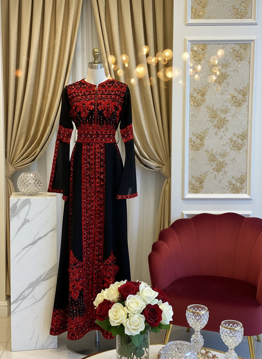 Black & Red Long Sleeve Full Embroidered Palestinian Thobe/Dress (3 pieces) - Al Khalili Thobe