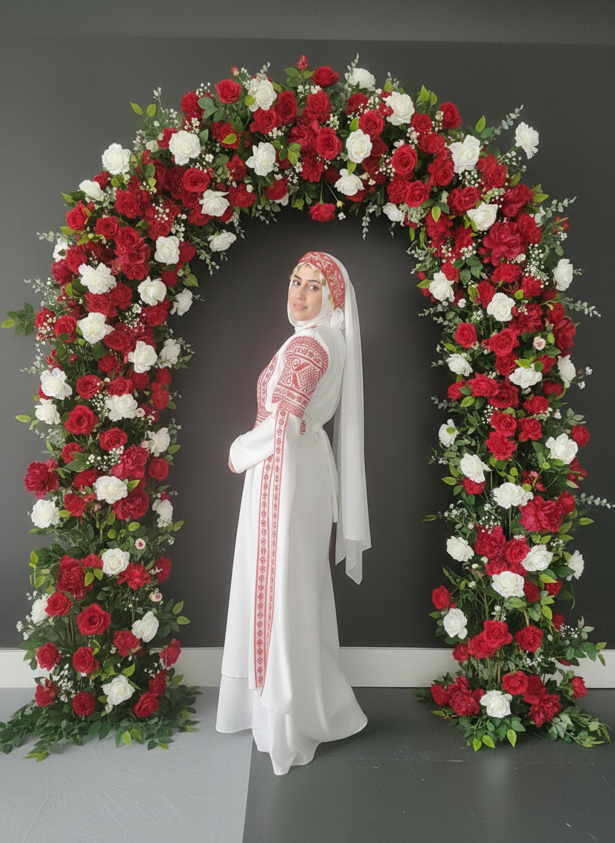 Bridal White & Red Extra Long Sleeve Full Embroidered Palestinian Thobe (3 pieces) - Al Tulkarem Thobe