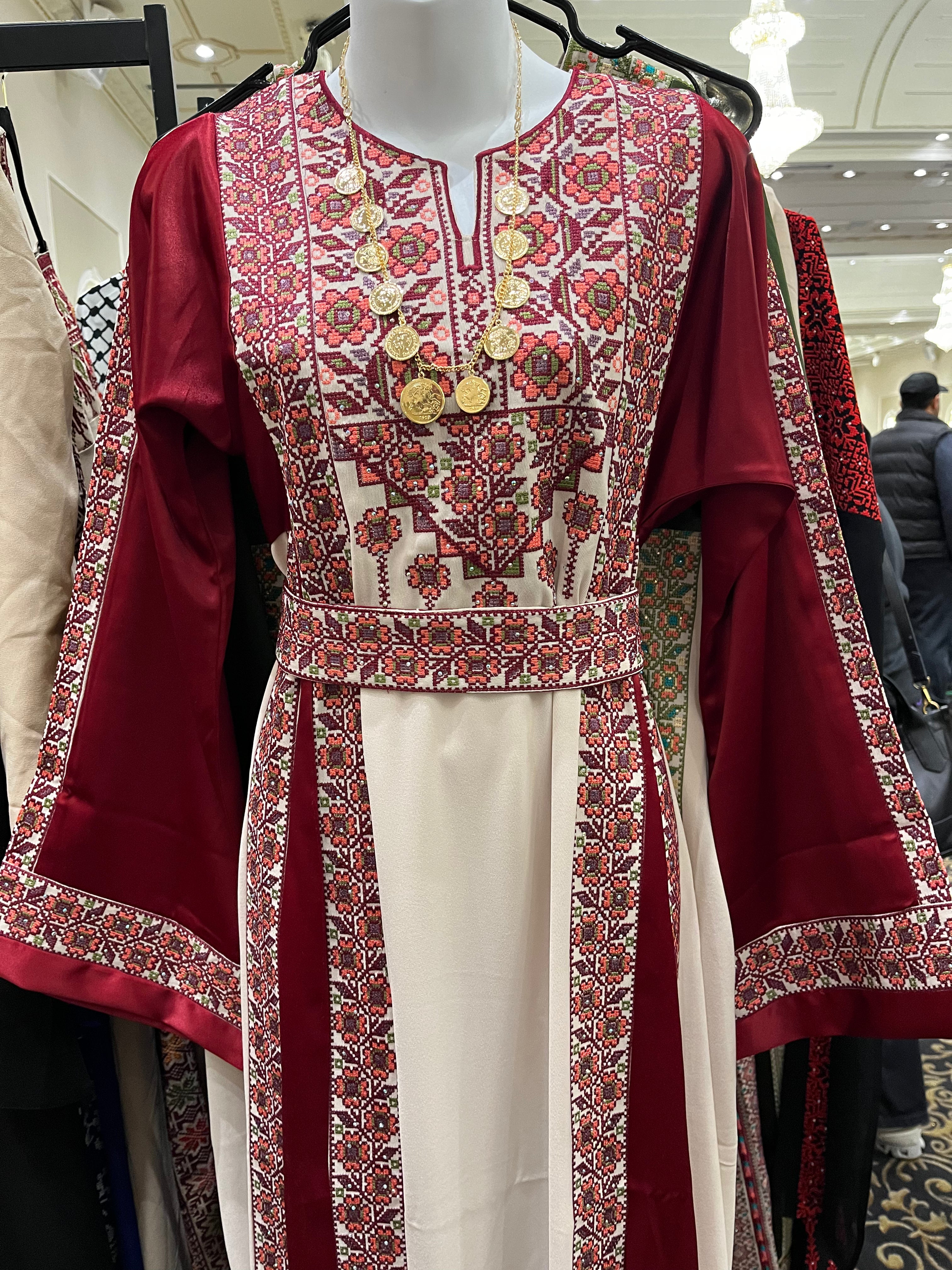 The Poppy Flower Thobe - Burgundy With Flowers & Sparkle Traditional Long Sleeve Full Embroidered Palestinian Thobe/Dress