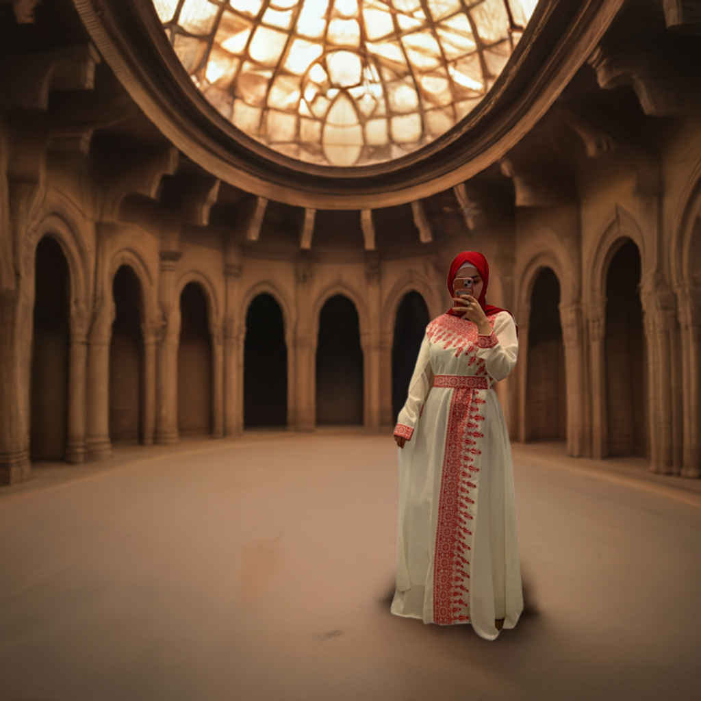 Al Jerusalem Thobe - White & Red Tatreez One Shoulder Embroidery Palestinian Thobe - ( No Veil )