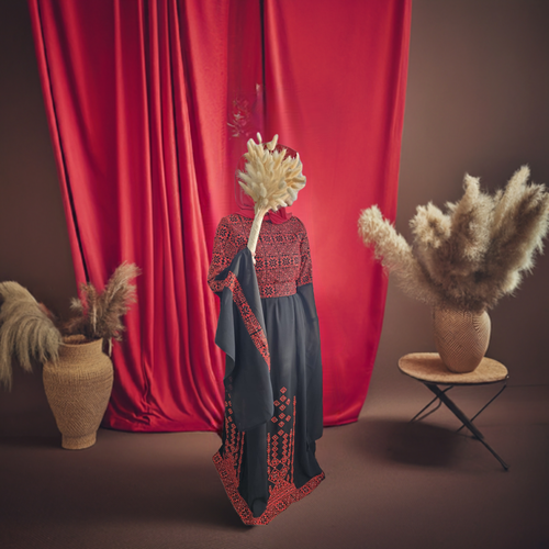 Al Ramallah Thobe - Red & Black Full Embroidery Palestinian Thobe with Extra Long Sleeves