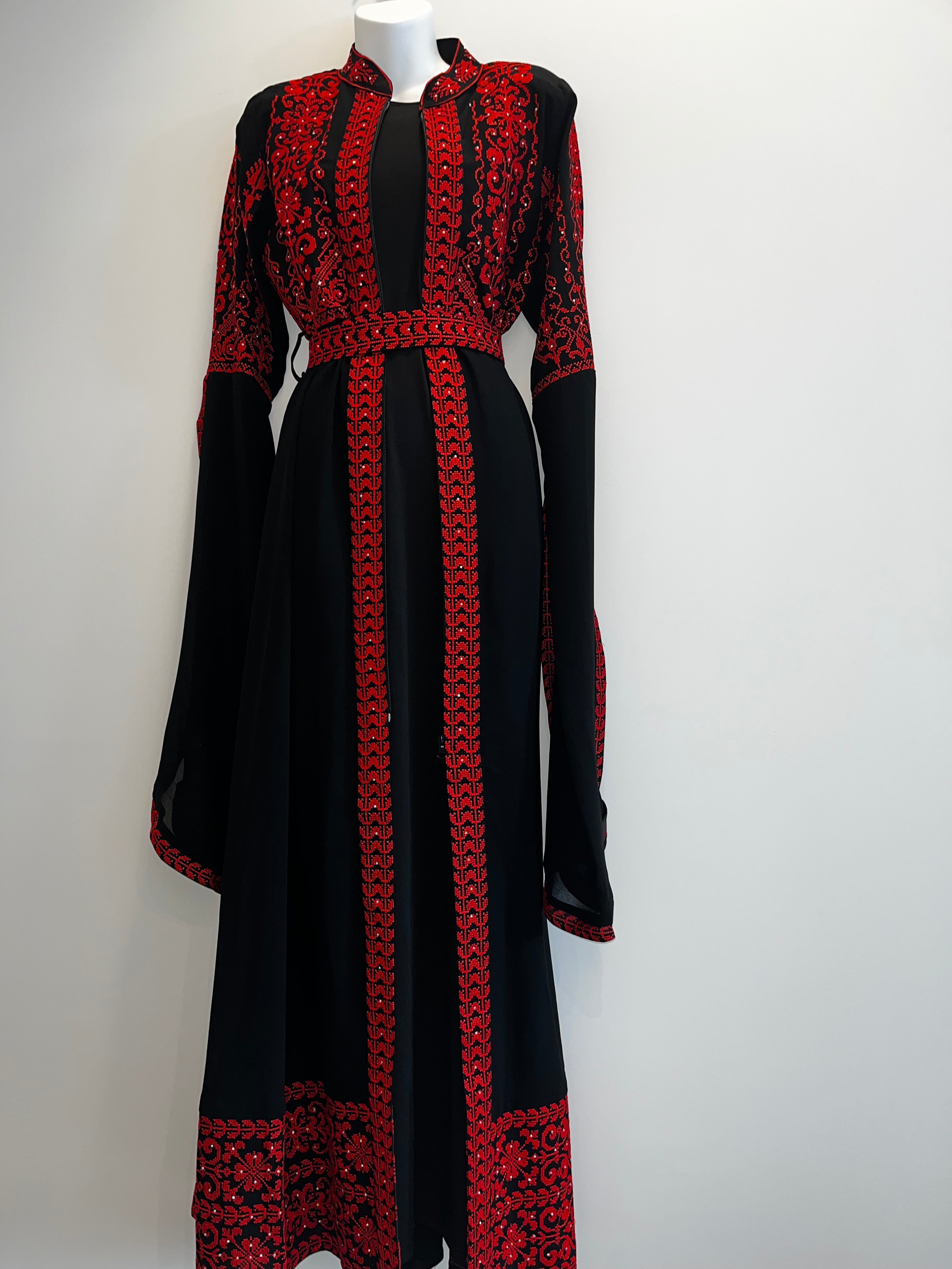 The Gaza Thobe - Red & Black Extra Long Sleeves Full Top Embroidery & Zipper Thobe (3 pieces)
