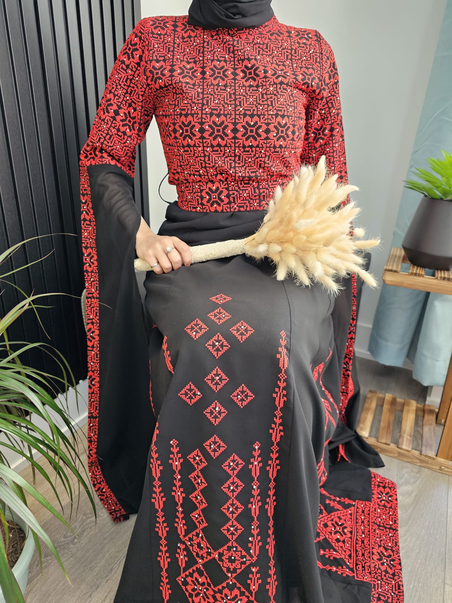Al Ramallah Thobe - Red & Black Full Embroidery Palestinian Thobe with Extra Long Sleeves