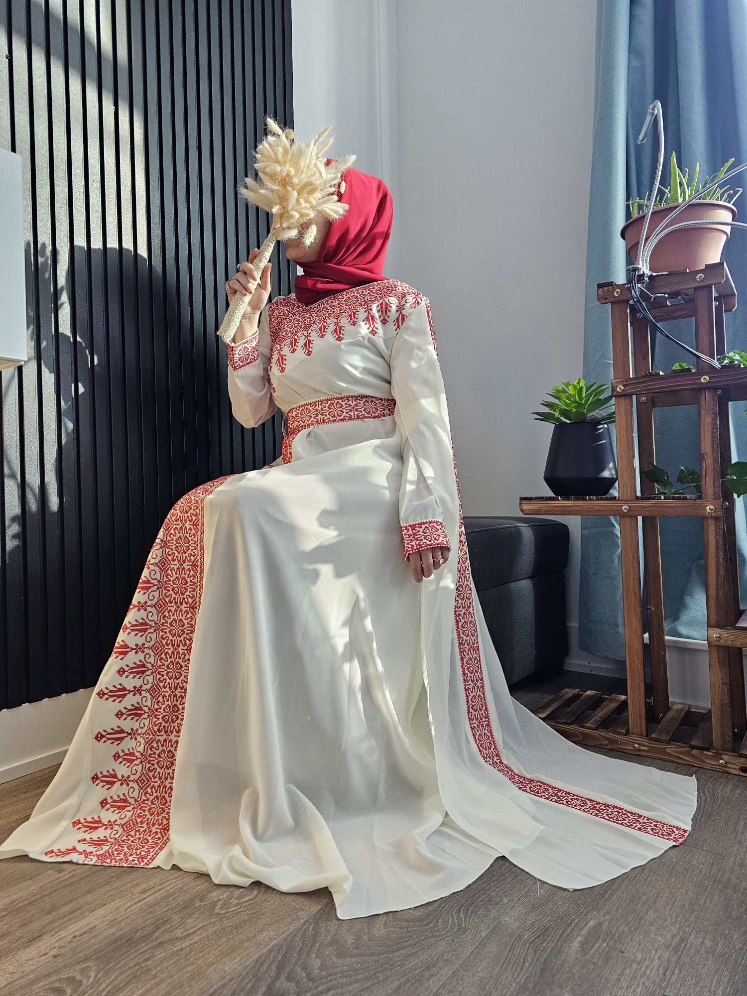 Al Jerusalem Thobe - White & Red Tatreez One Shoulder Embroidery Palestinian Thobe - ( No Veil )