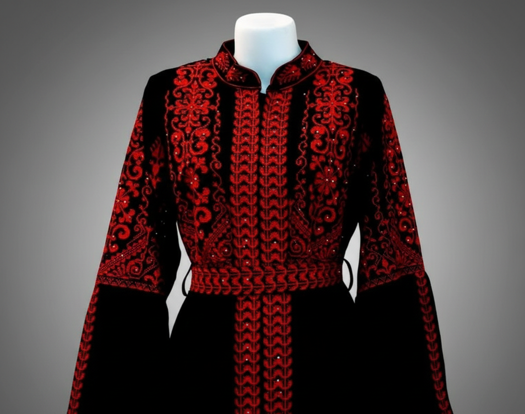 The Gaza Thobe - Red & Black Extra Long Sleeves Full Top Embroidery & Zipper Thobe (3 pieces)