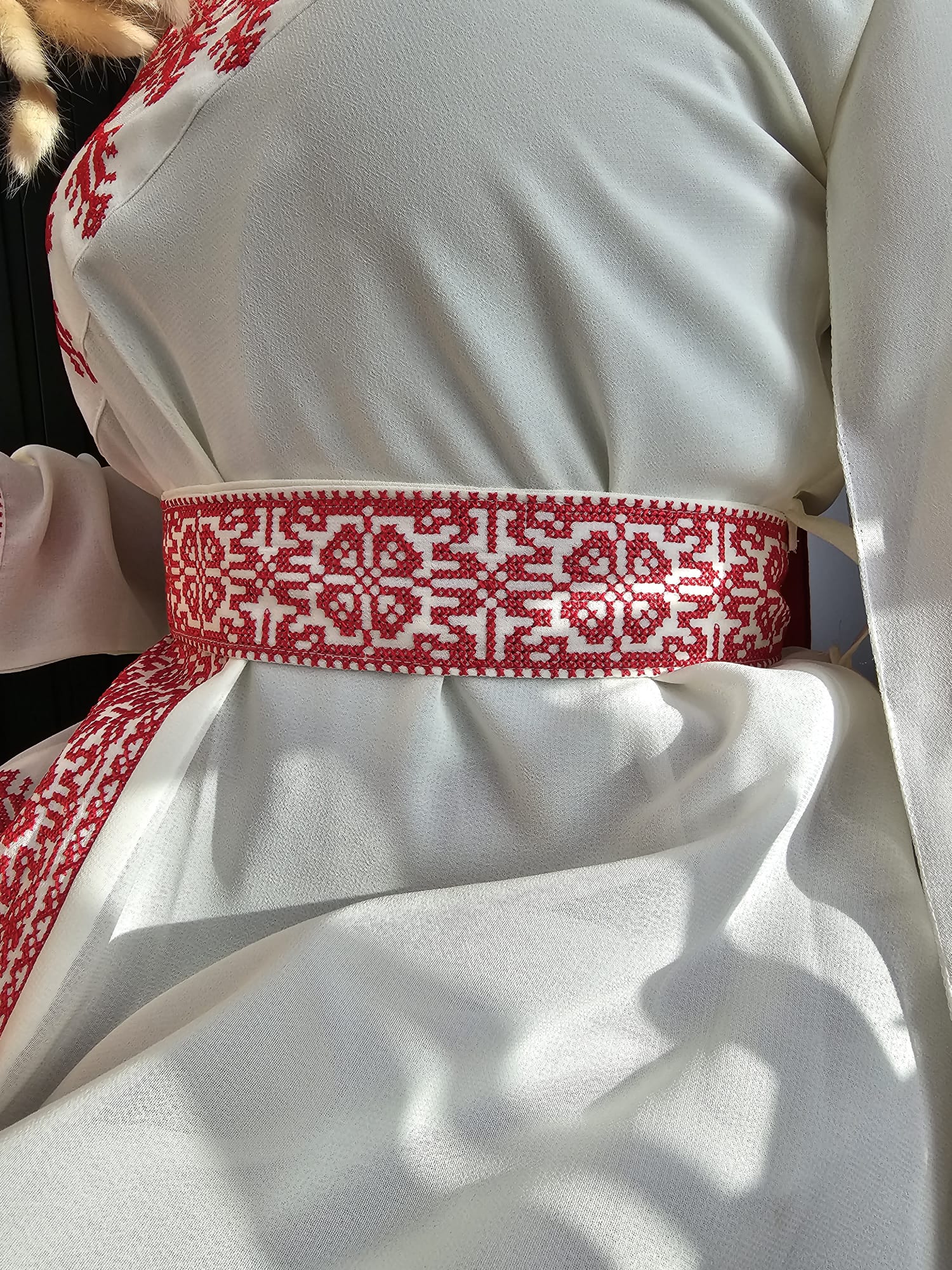 Al Jerusalem Thobe - White & Red Tatreez One Shoulder Embroidery Palestinian Thobe - ( No Veil )