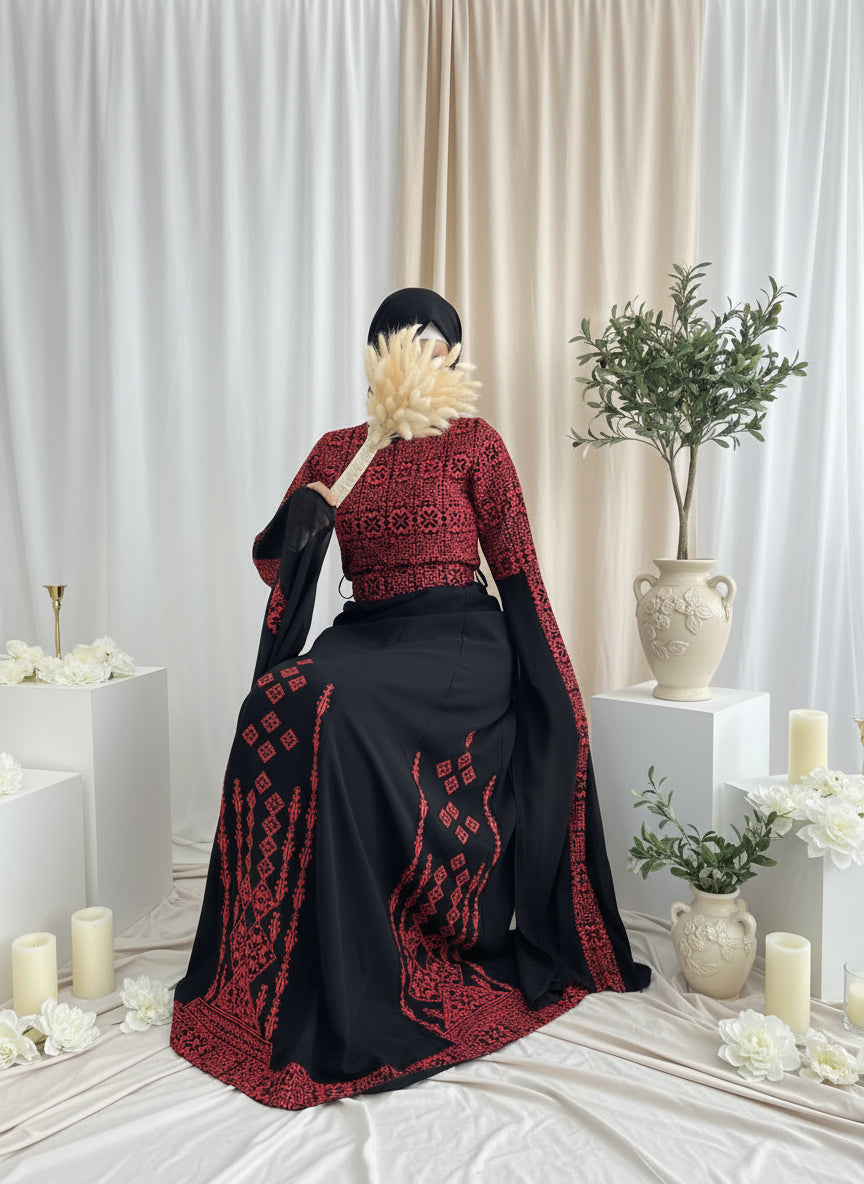 Al Ramallah Thobe - Red & Black Full Embroidery Palestinian Thobe with Extra Long Sleeves
