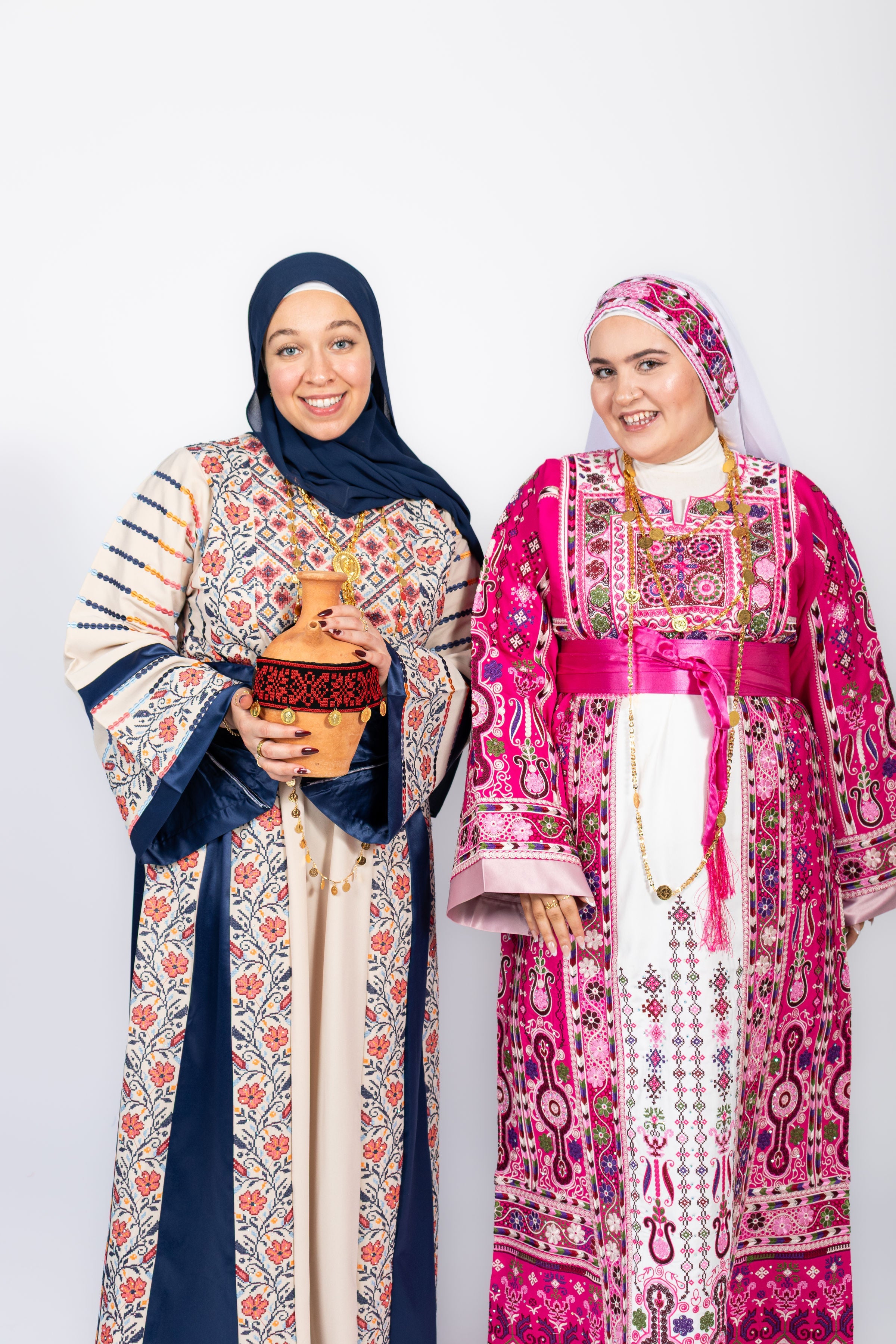 The Lujian Thobe - Hot Pink and White Diamond Traditional Full Tatreez Back and Front Thobe With Matching Head Veil