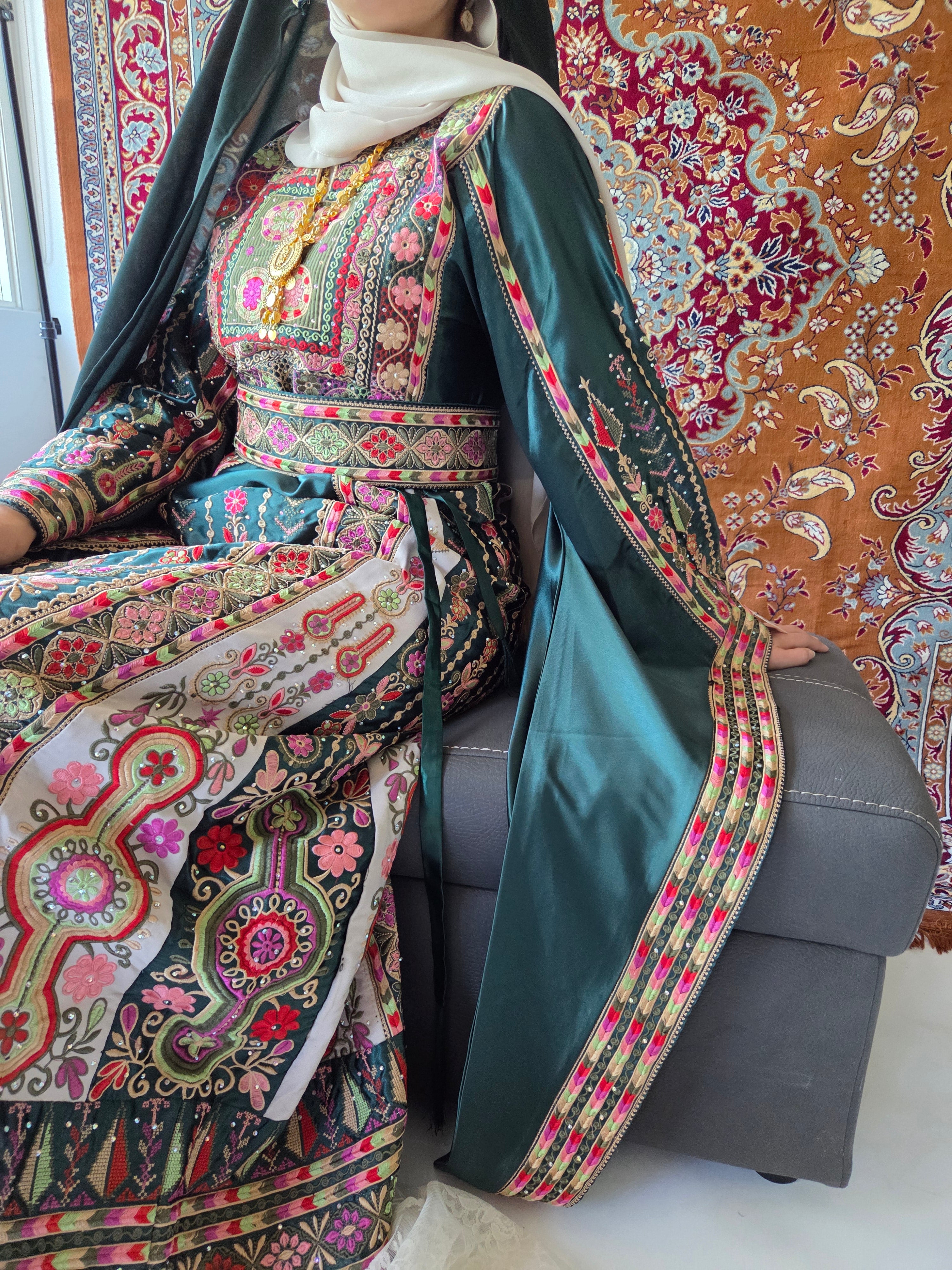 The Celine Thobe - Palestinian Embroidered  Emerald Thobe , Belt & Extra Long Sleeves | Traditional Tatreez Dress (No head Veil)