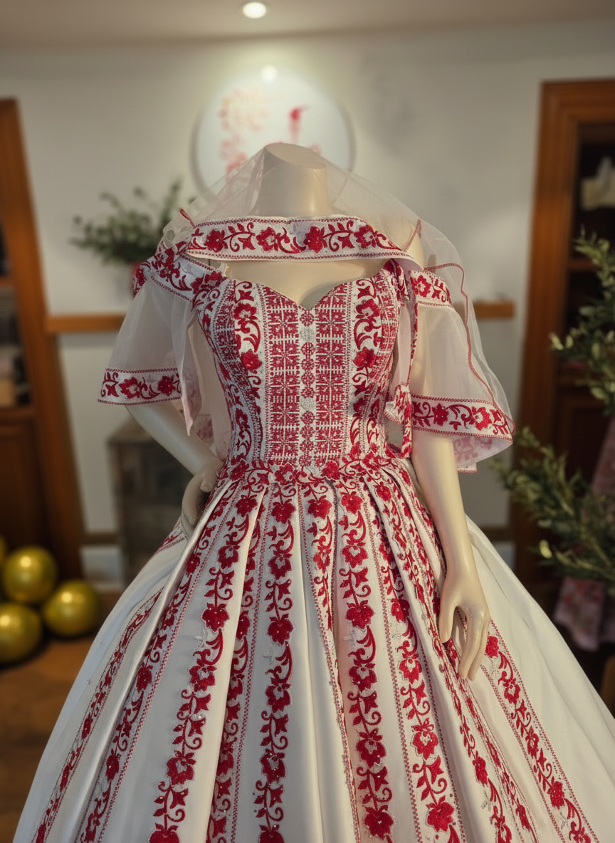 'The Haya Bridal Henna Red & White Wedding Thobe/Gown ( 4 Pieces)