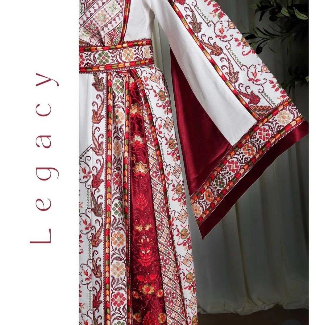 The Lamees Thobe - Bridal White and Burgundy Traditional Full tatreez Back and Front Thobe With Matching Head Veil