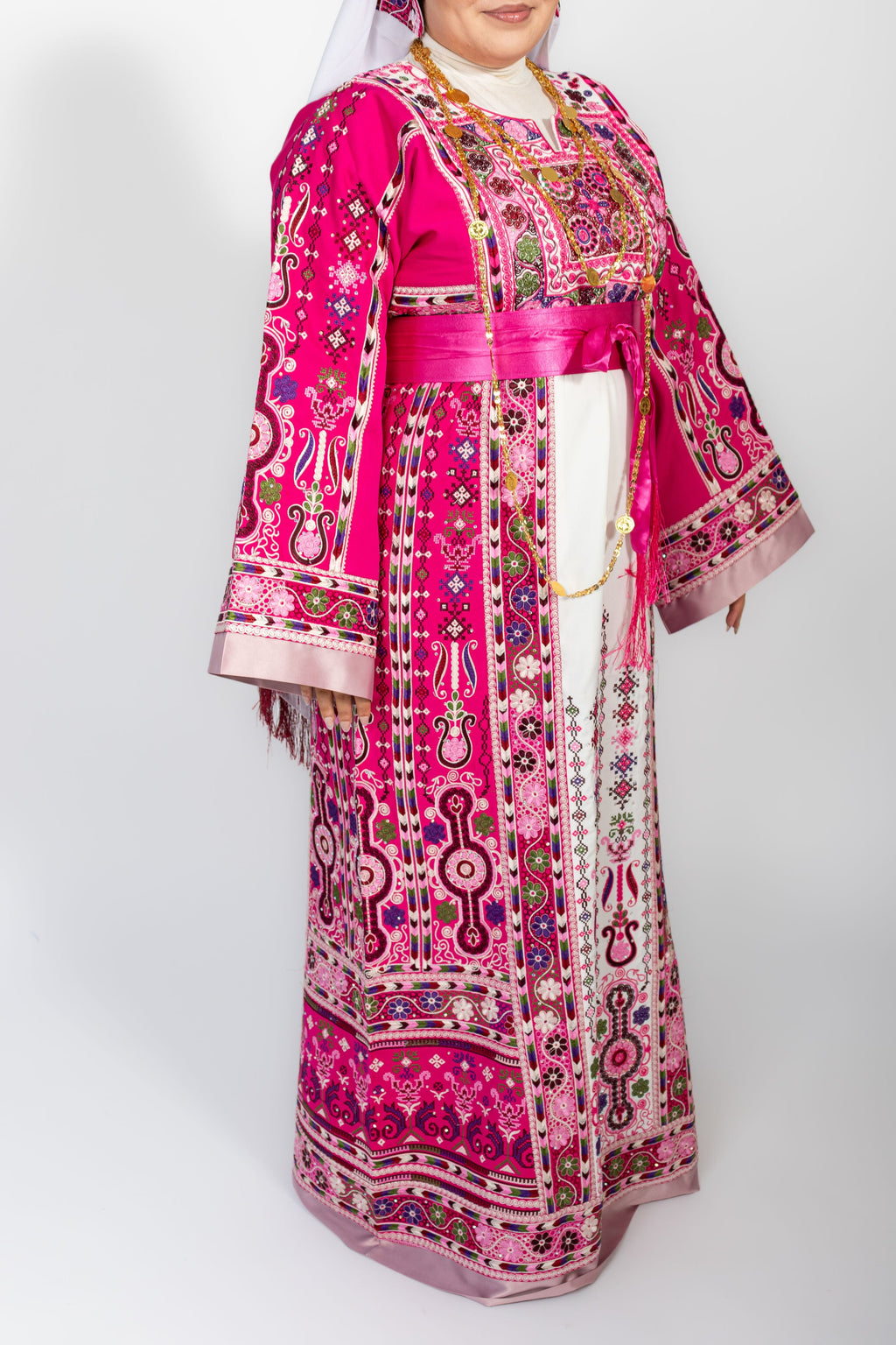 The Lujian Thobe - Hot Pink and White Diamond Traditional Full Tatreez Back and Front Thobe With Matching Head Veil