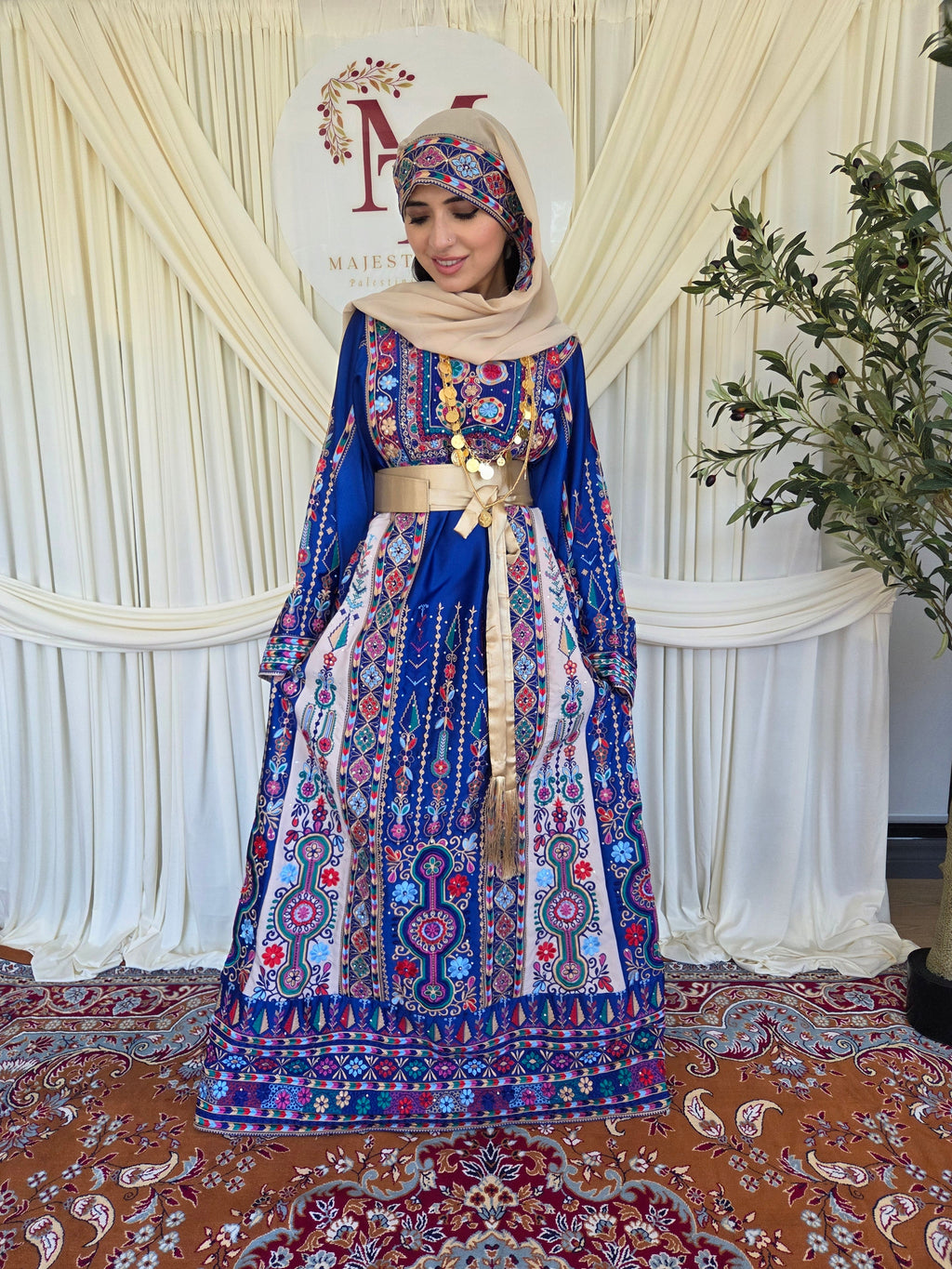 The Celine Thobe - Palestinian Embroidered Blue & Golden Thobe with Matching Head Veil, Belt & Extra Long Sleeves | Traditional Tatreez Dress