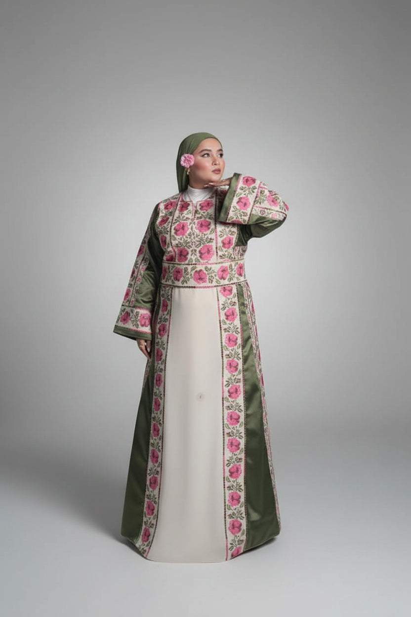 The Warda Thobe - Green & Pink Traditional Full Tatreez Back and Front With Satin Thobe