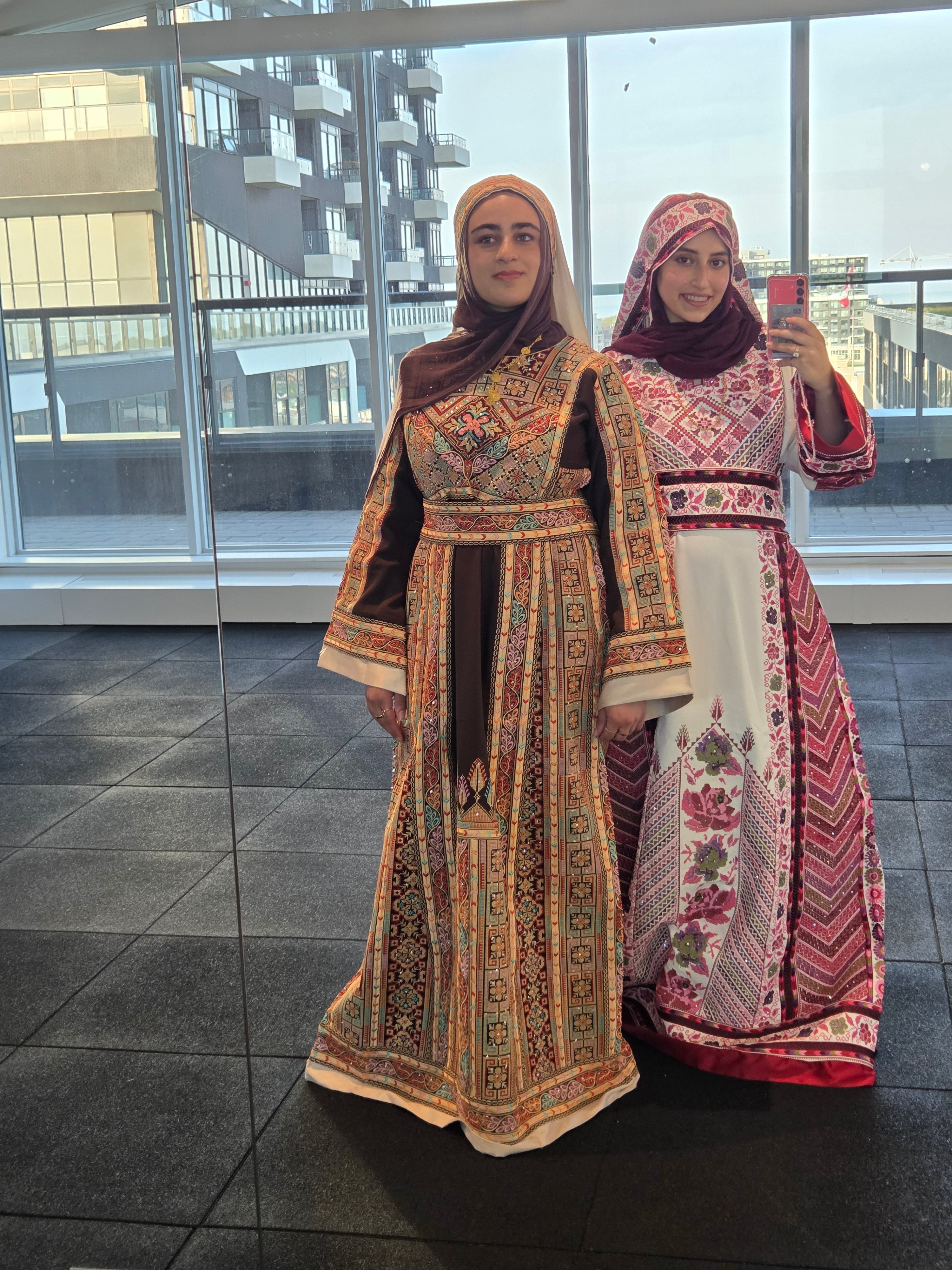 The Shaima Thobe - Brown & Beige Traditional Full Tatreez Back and Front Thobe With Matching head Veil