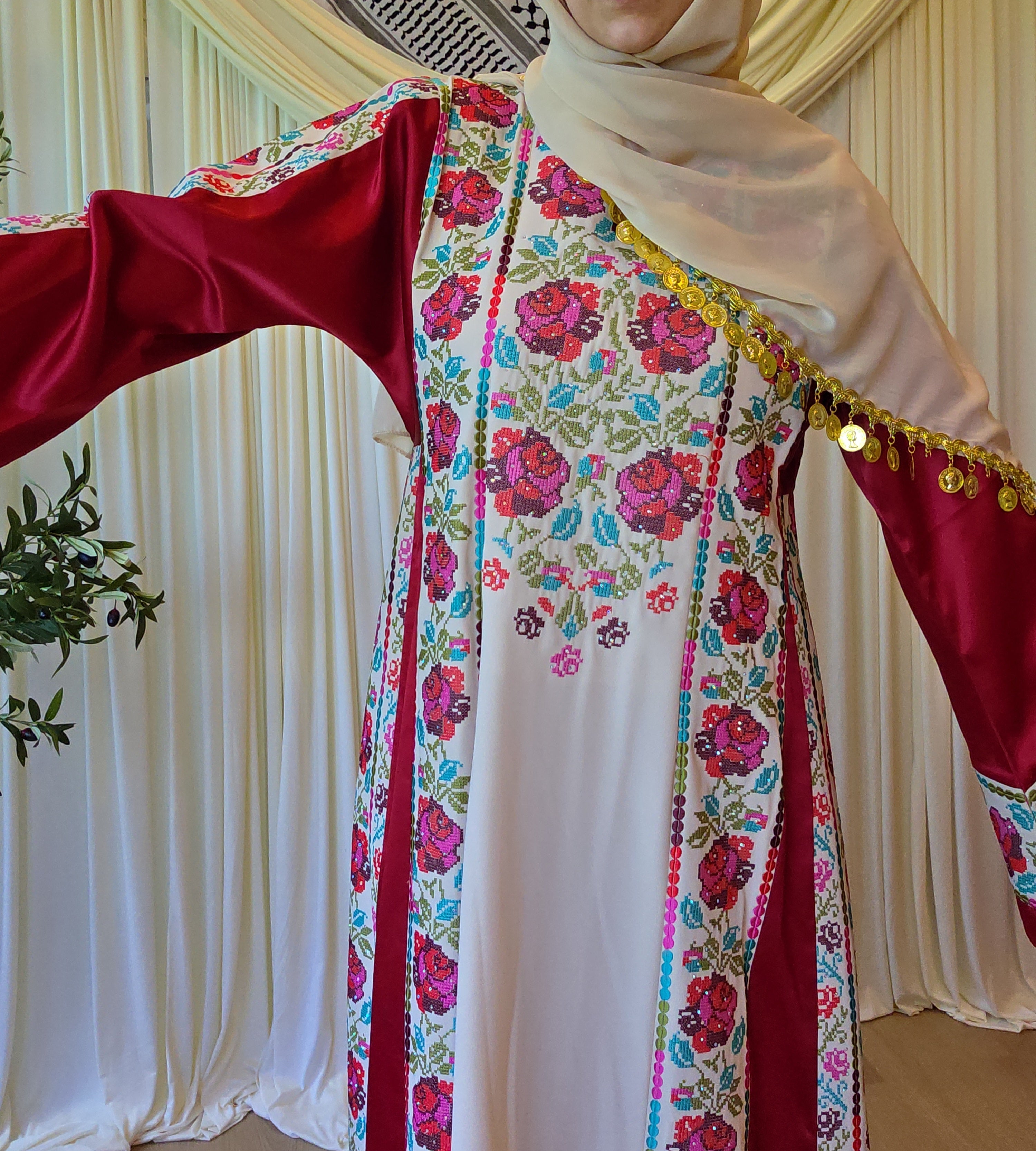 The Warda Thobe - Burgundy Traditional Full Tatreez Back and Front With Satin Thobe