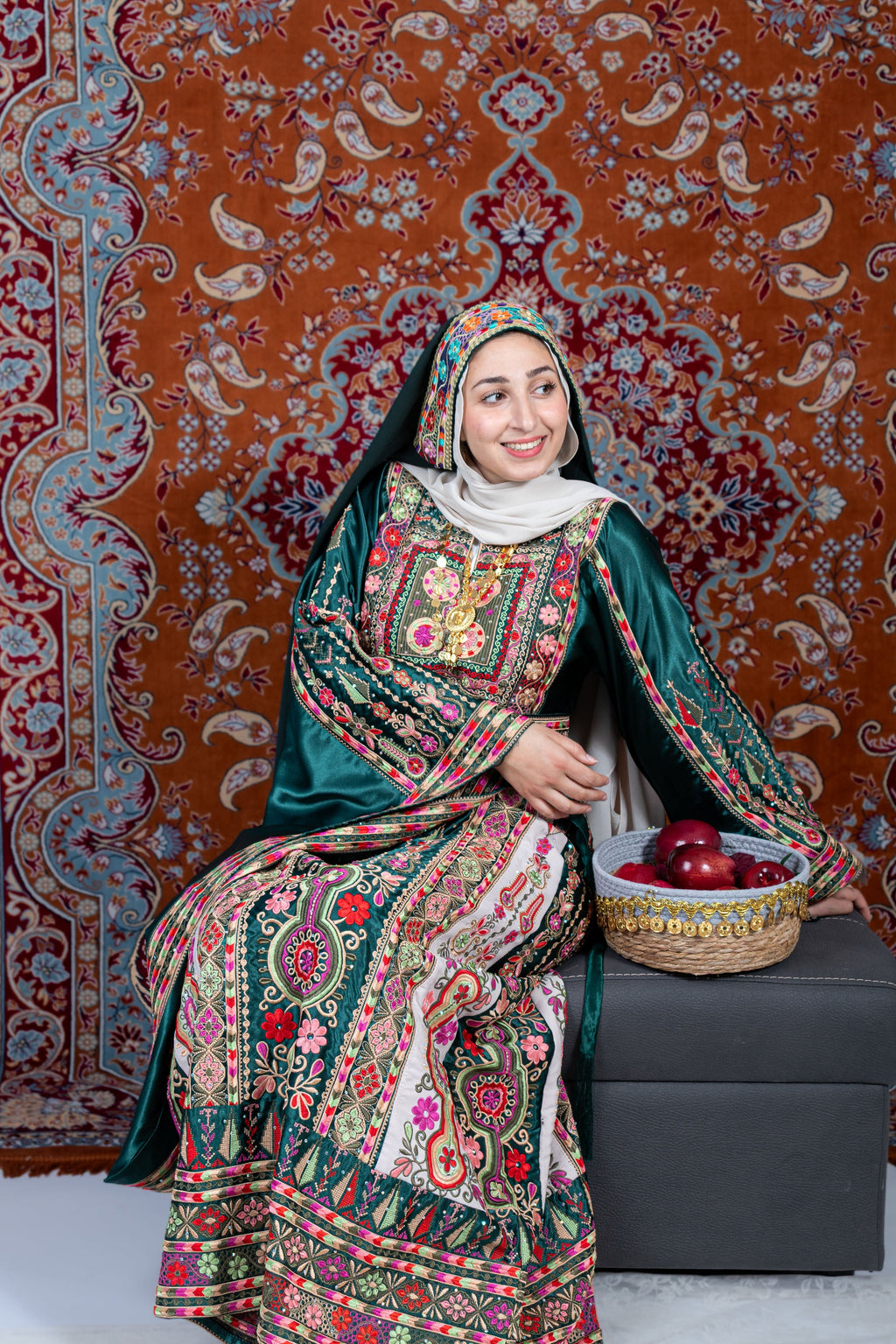 The Celine Thobe - Palestinian Embroidered  Emerald Thobe , Belt & Extra Long Sleeves | Traditional Tatreez Dress (No head Veil)