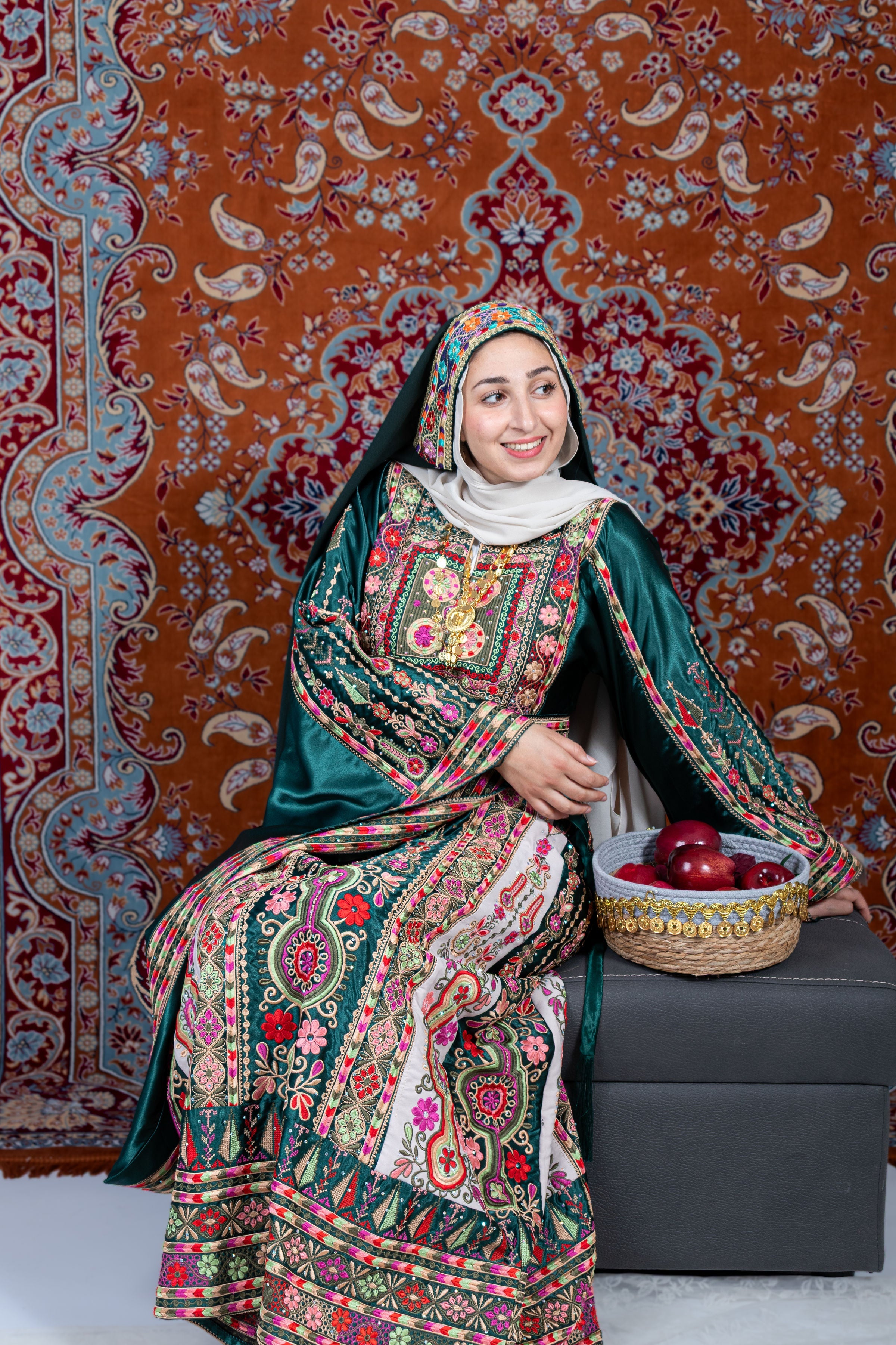 The Celine Thobe - Palestinian Embroidered  Emerald Thobe , Belt & Extra Long Sleeves | Traditional Tatreez Dress (No head Veil)